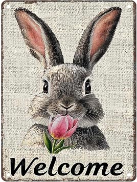 Easter Bunny Tin Sign Retro Tulips - Fun and Metal Sign for Homes Bedrooms Gardens Hallways Parties Spring Decorations 12x16Inch