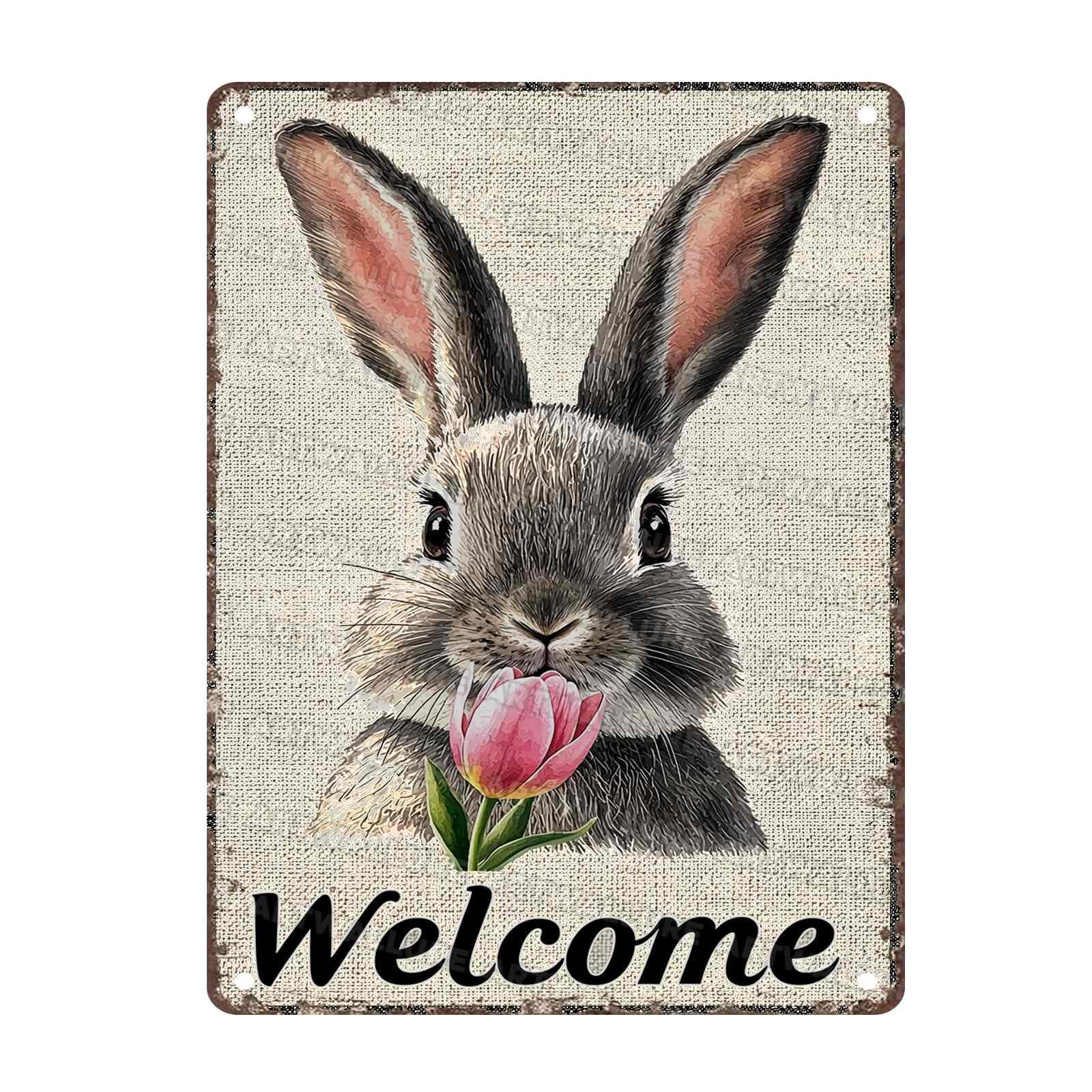 Easter Bunny Tin Sign Retro Tulips - Fun and Metal Sign for Homes Bedrooms Gardens Hallways Parties Spring Decorations 12x16Inch