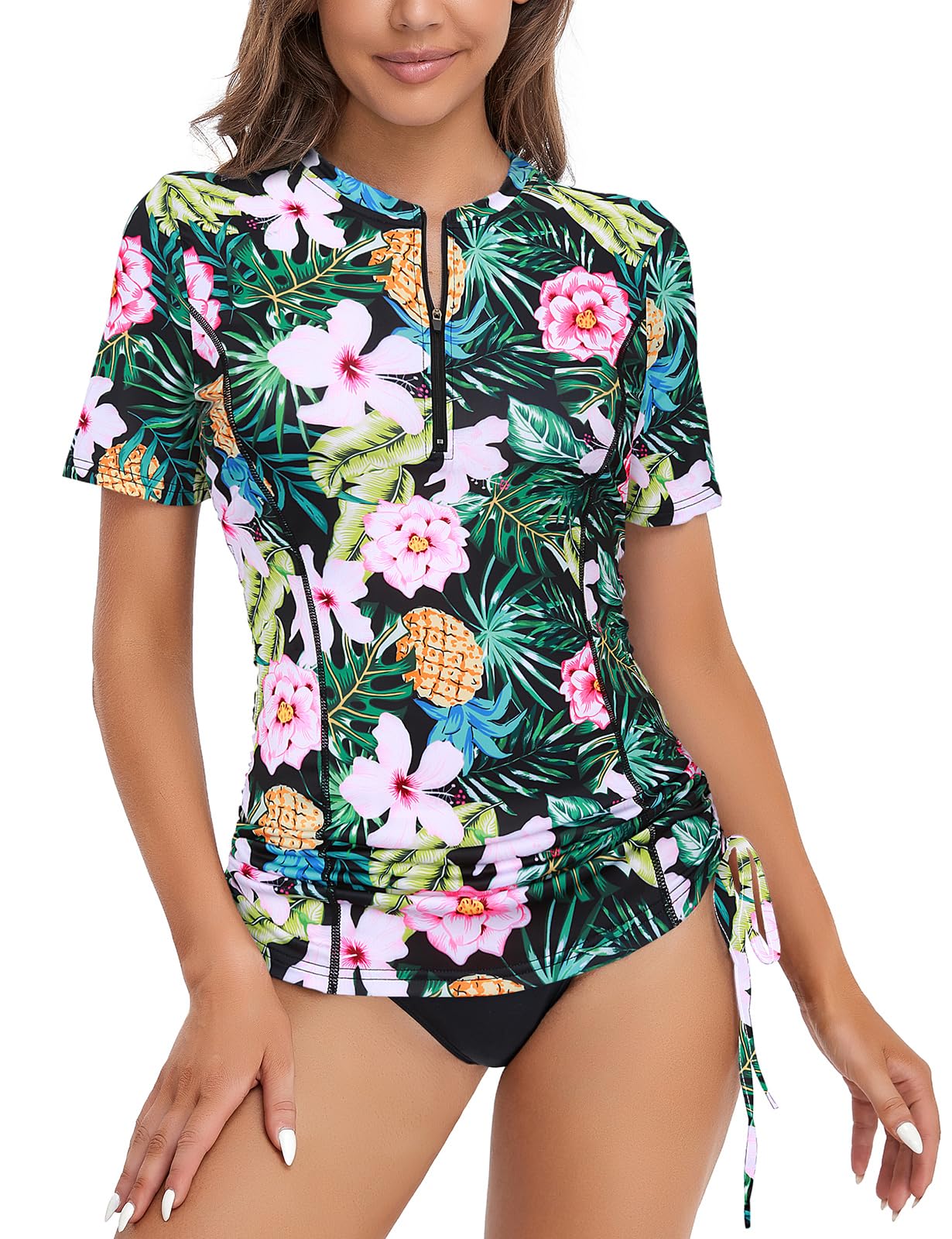 LuraneeWomens Shorts Sleeve Rash Guard Shirts UPF 50+ Side Adjustable Wetsuit Swimsuit Top S-XXL