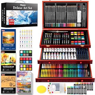 iBayam 195-Piece Deluxe Art Set for Adults - Complete Drawing Painting Kit with Sketchbooks, Canvases, Acrylic Pads & Wooden Case
