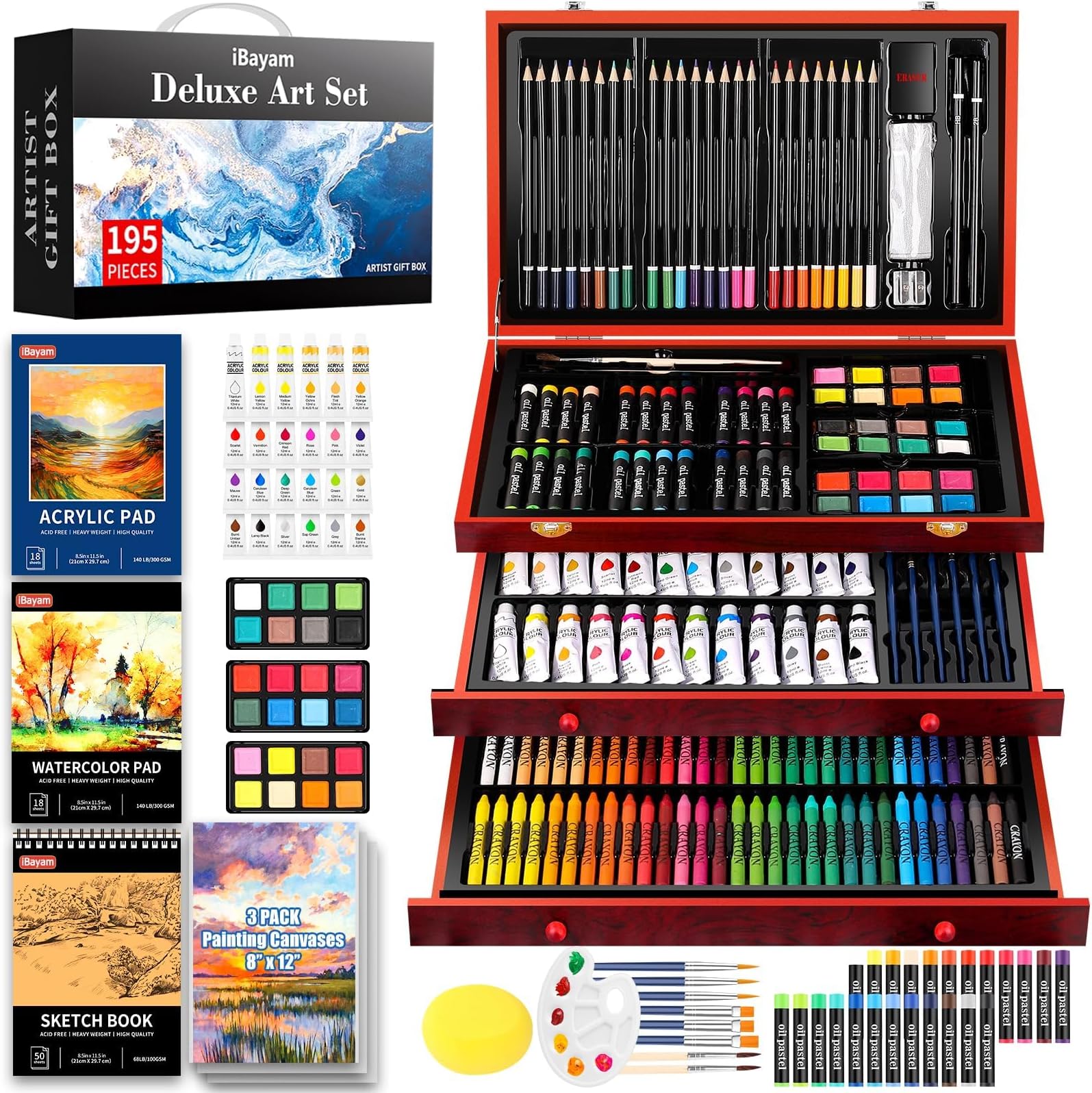 iBayam Art Supplies, 195 Pack Art Set Drawing Kit for Adult, Arts and Crafts Painting Kit, Art Kits Paint Set with Acrylic Pad, Sketchbooks, Watercolor Pad, Canvases, Gift Box