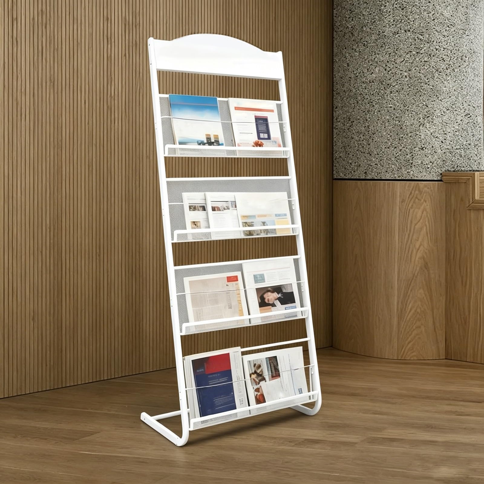 CJWKXQOL Floor Standing Brochure Display Rack, Metal Mesh Magazine Holder, Simple Wire Literature Stand for Shopping Malls, Hospitals, Exhibitions，Offices(White,148 * 30cm/58 * 12in)