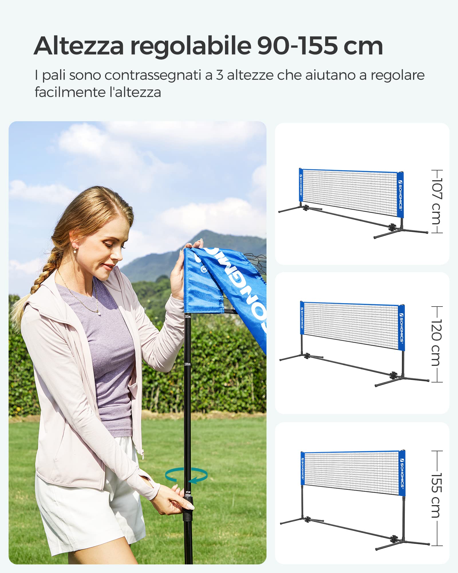 SONGMICS Rete da badminton da 3 m, rete da pallavolo, altezza pali regolabili, set portatile per tennis