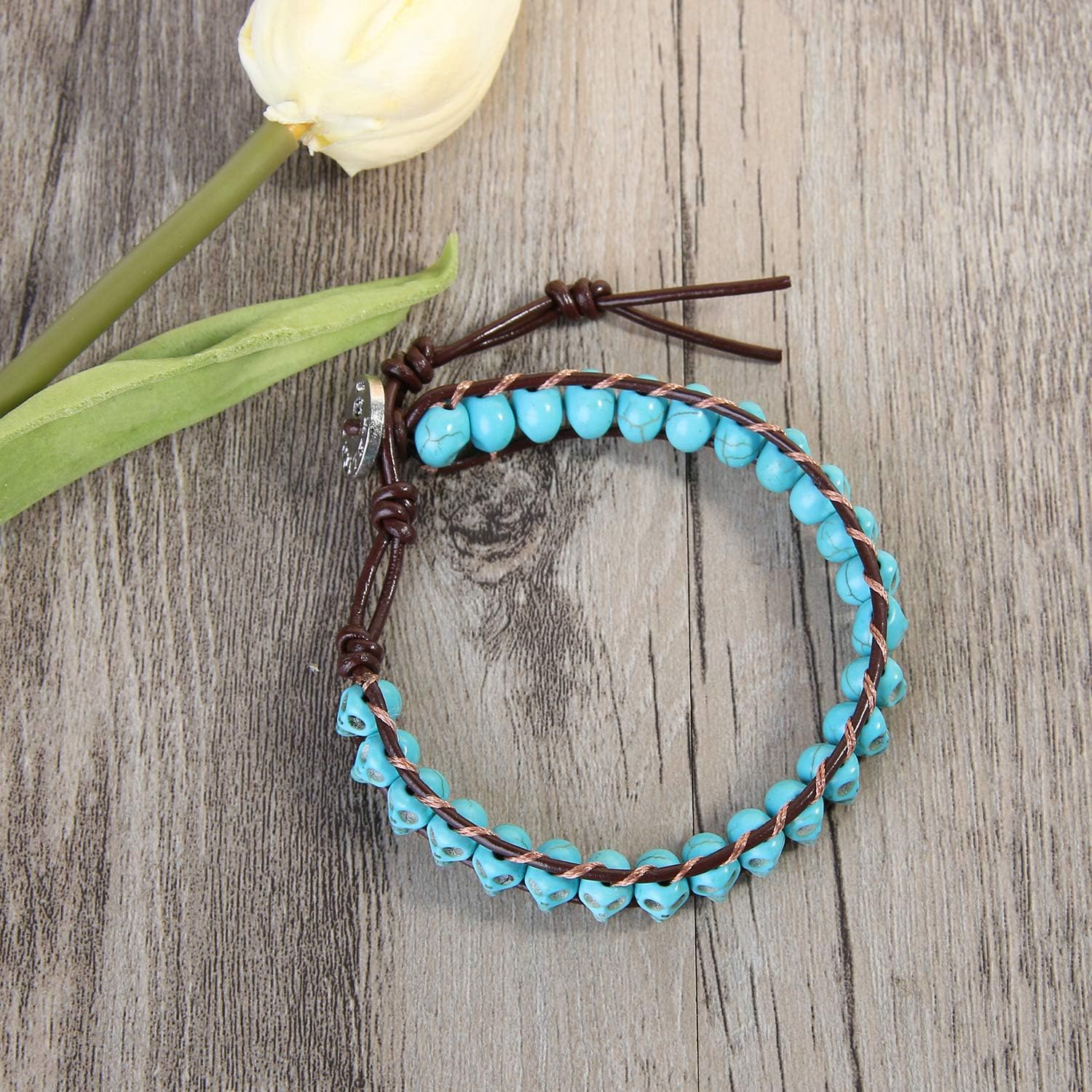 KELITCH New Skull Turquoise Beaded Wrap Bracelet on Brown Leather Handmade Bracelets New Jewelry - Image 3