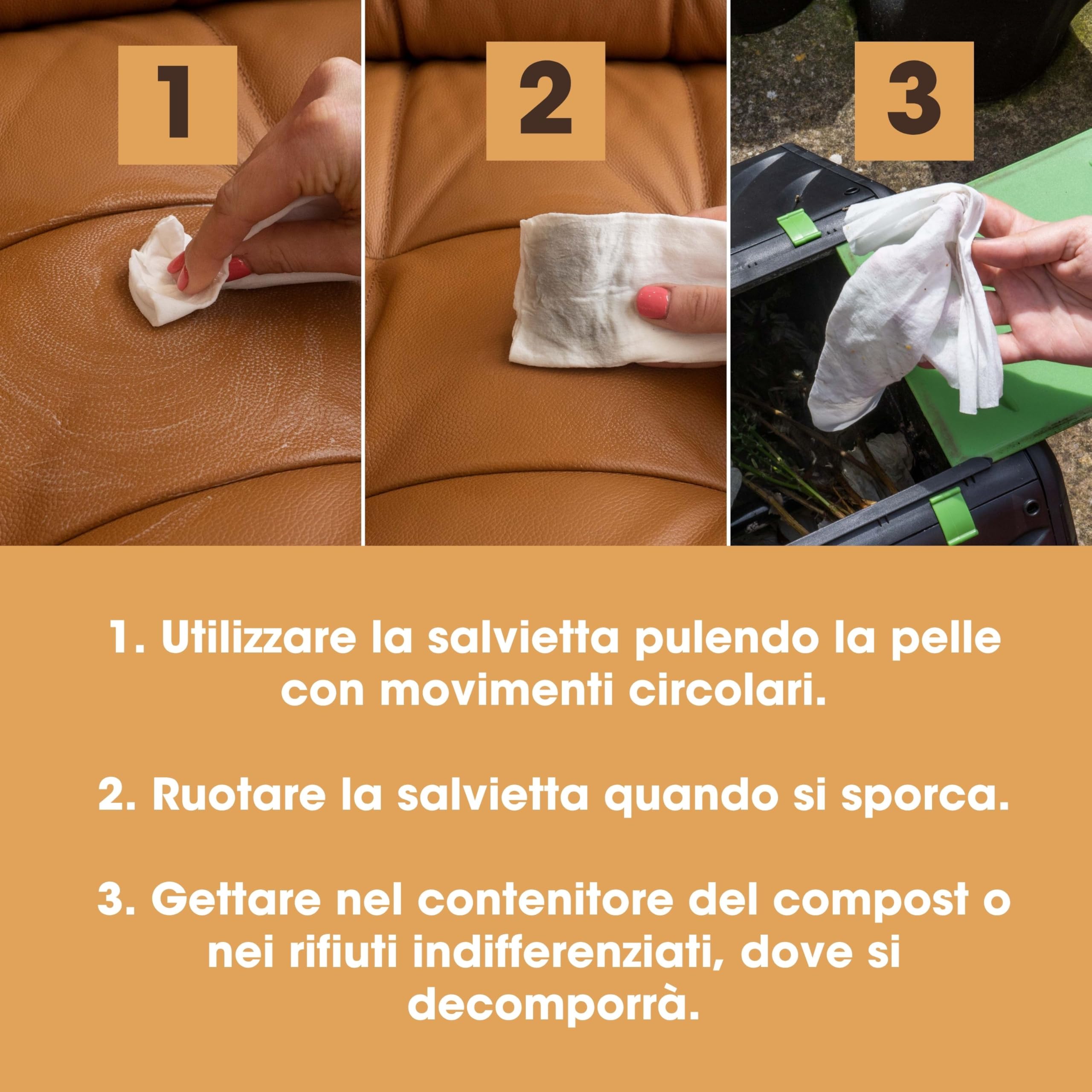 Furniture Clinic Salviette per Pulizia Pelle - Confezione da 80 - Biodegradabili e Compostabili - Sicure su Tutti i Tipi e Colori di Pelle - Puliscono Divani, Sedili Auto, Borse, Scarpe