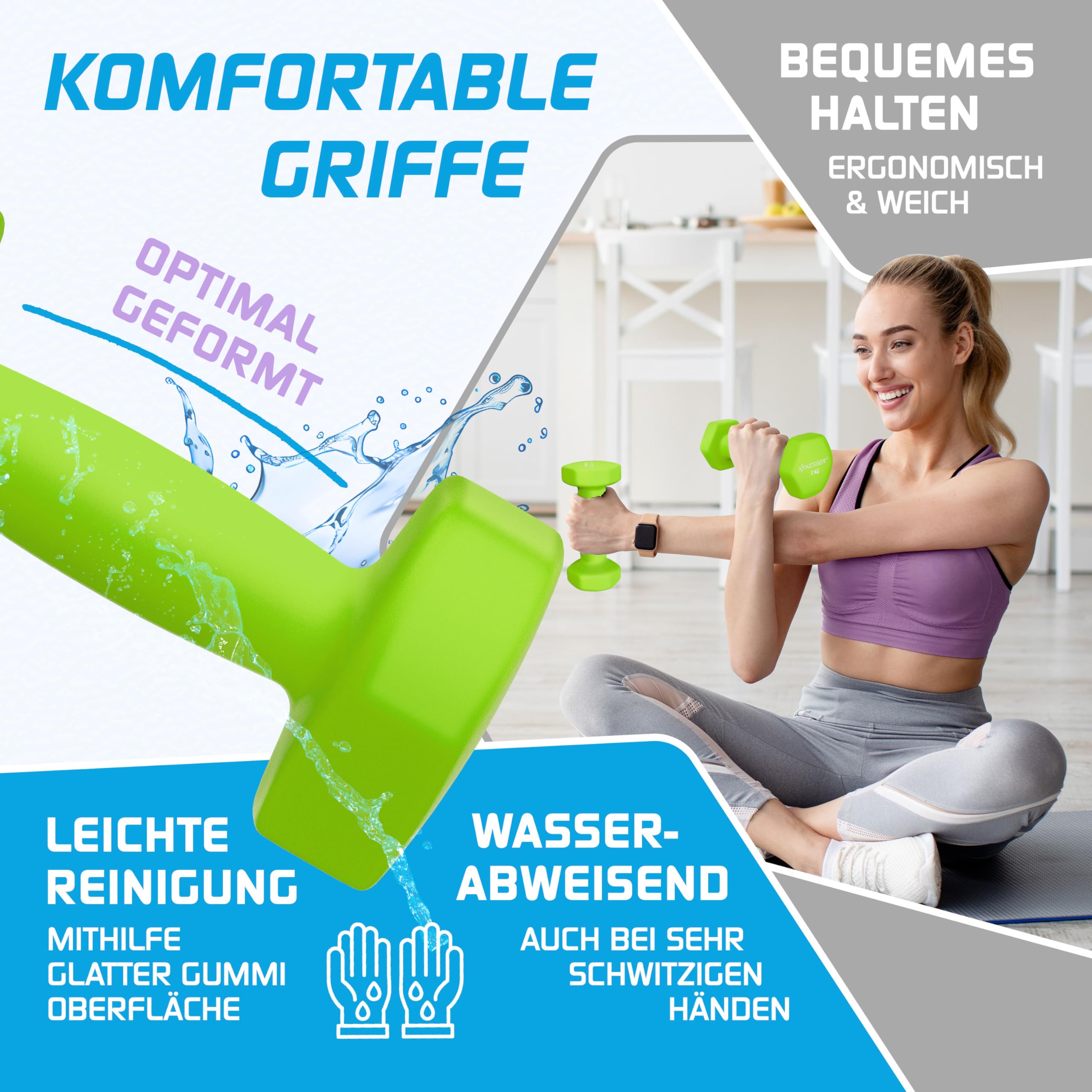 KESSER® Halters, halterset, 2-delige set, 2 kg - 5 kg, gekleurd, korte halters van neopreen, hexagon, krachttraining, workout, fitnesstraining, voor thuis, met oefenboek, 2 x fitnessbanden