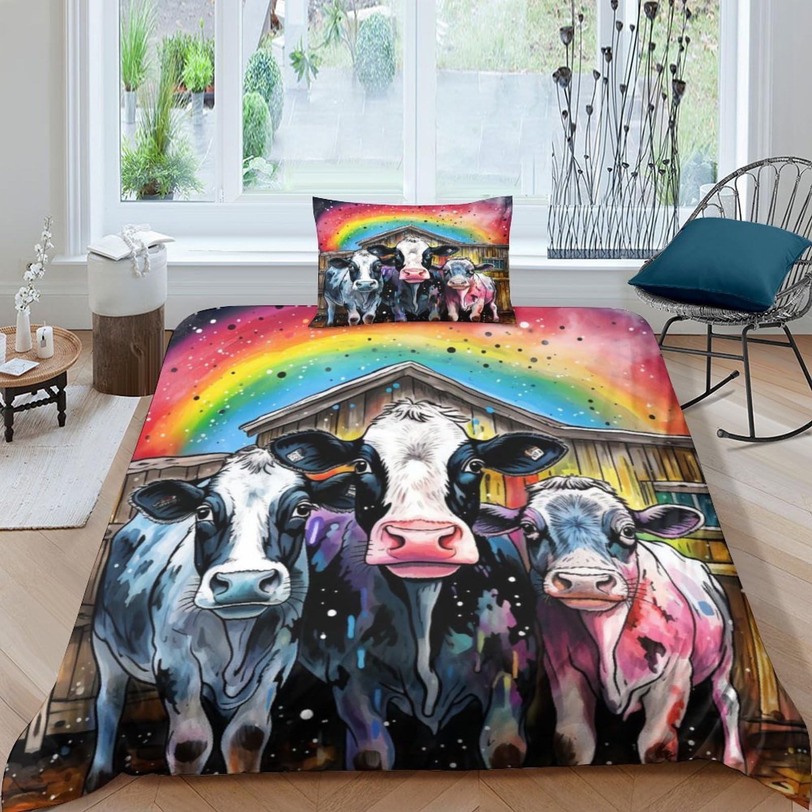Housse de couette vache 135x200 cm avec fermeture éclair pour lit simple garçon fille