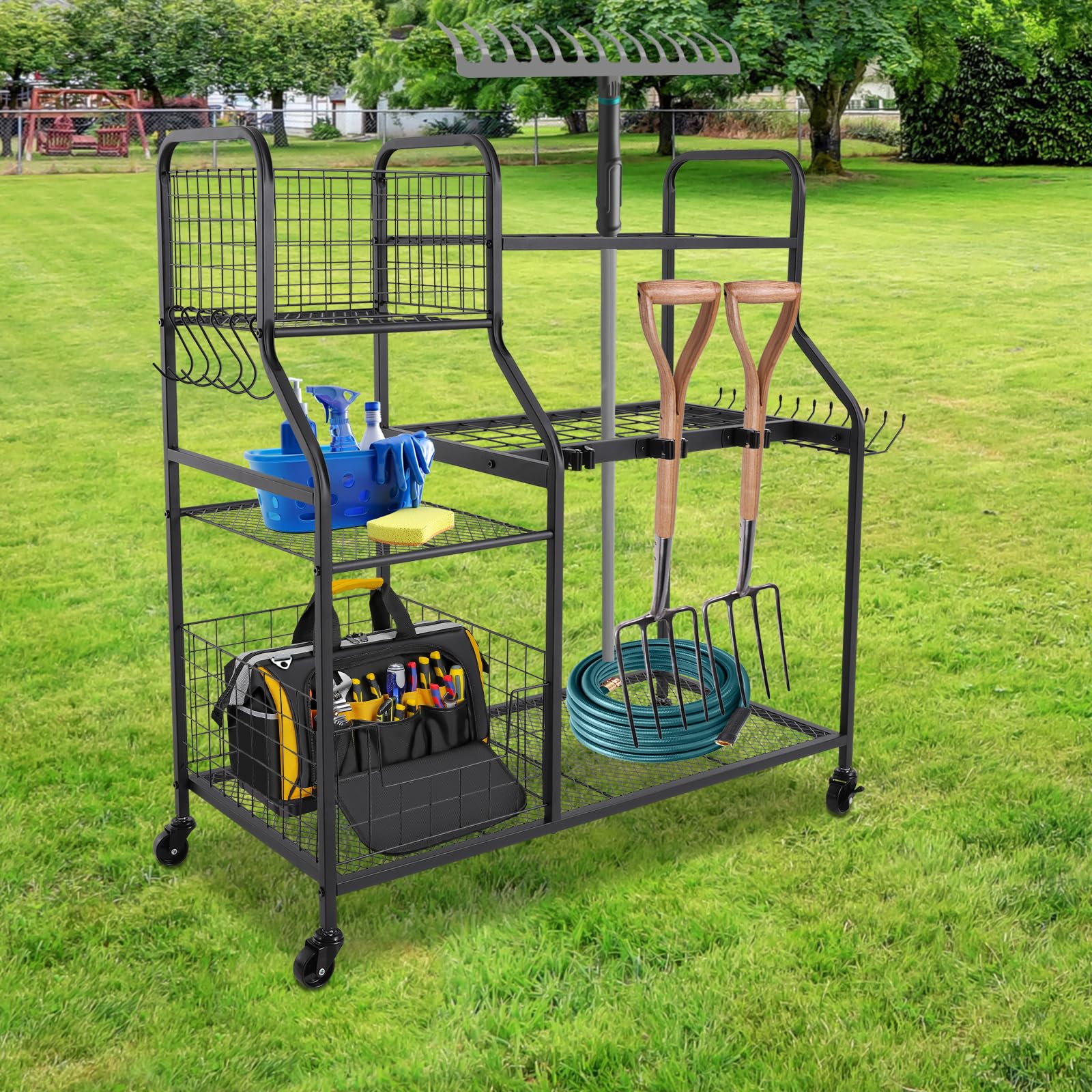 Supporto per attrezzi da giardino, organizer per attrezzi, da giardino, 92 cm, in metallo nero, con ruote per garage, balcone, giardino