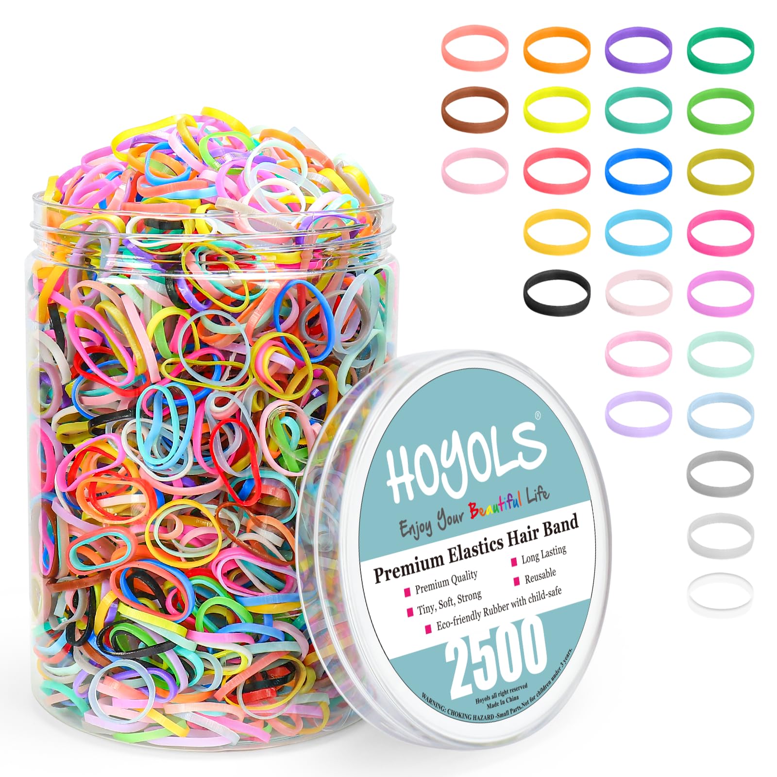 HOYOLS 2500 pcs Colorful Elastic Hair Rubber Bands, Small Hair Ties Accessories No Pull No Damage Stretch Holder for Girls Women TPU (25 Mixed Multi