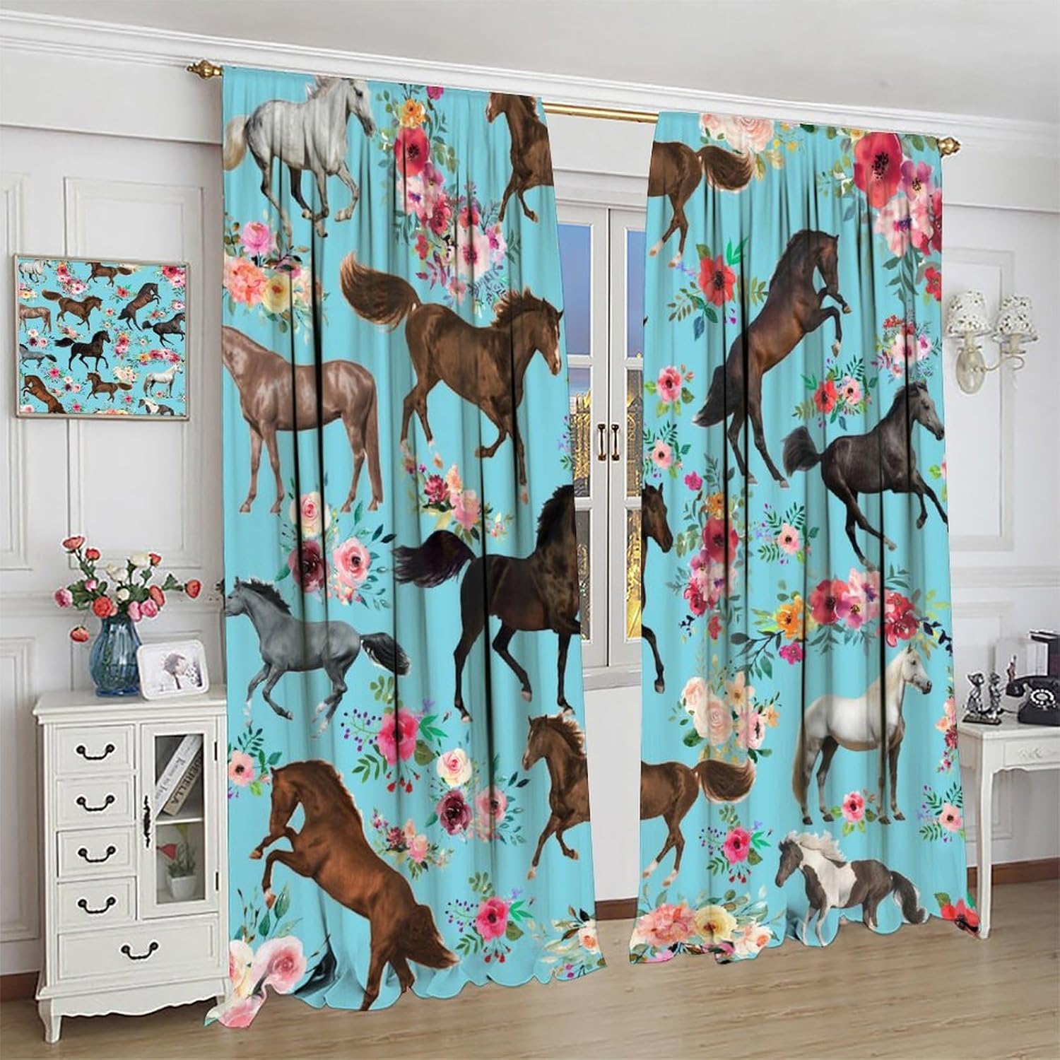 Girls Horse Blackout Curtains Watercolor Pink Flower Galloping Horse Curtains Farm Animal Horse Gifts Window Treatments for Cowgirls Boys Teens Bedroom LivingRoom Kitchen Drapes 42x63 Inch