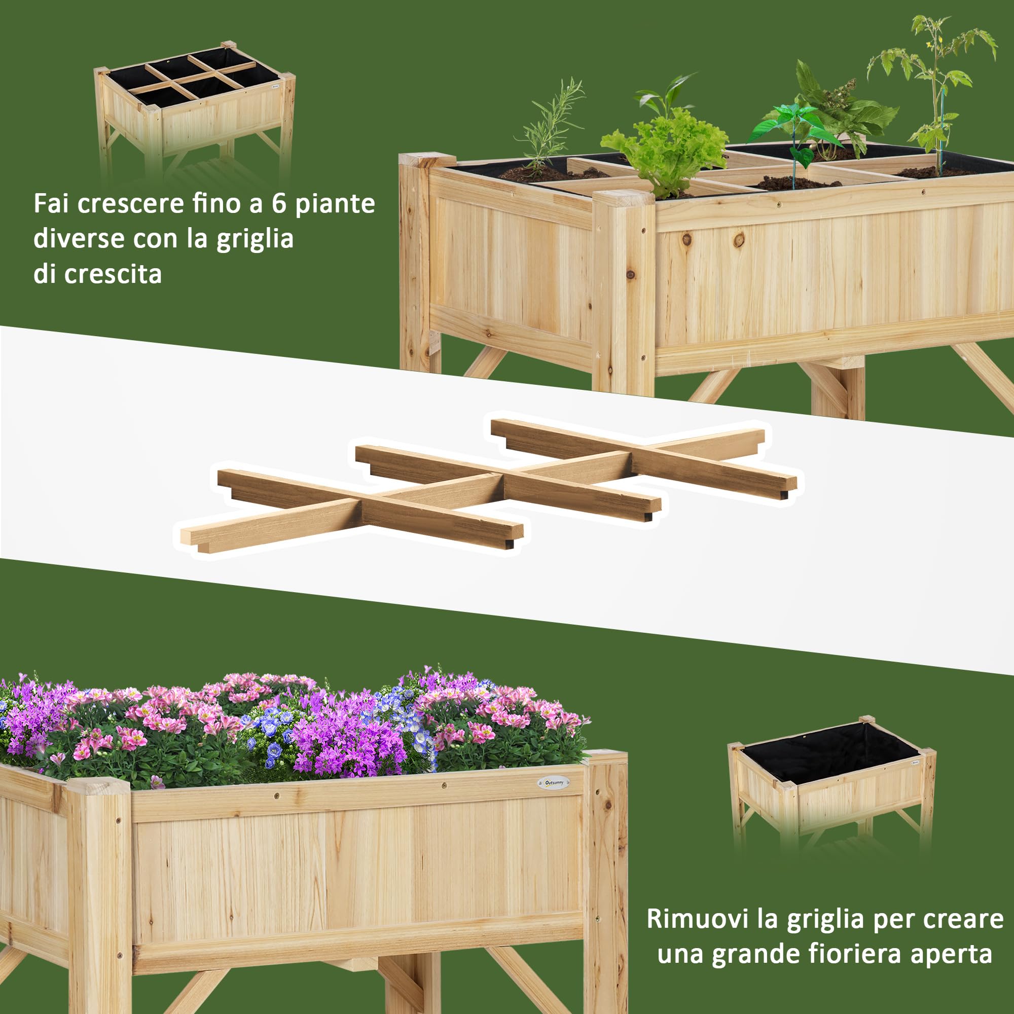 Outsunny Letto per Orto Rialzato con 6 Scomparti, Fioriera da Esterno Portapiante in Legno di Abete, 78.5x58x81cm