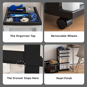 IRIS USA 4-Drawer Rolling Storage Cart with Organizer Top, Black/Pearl