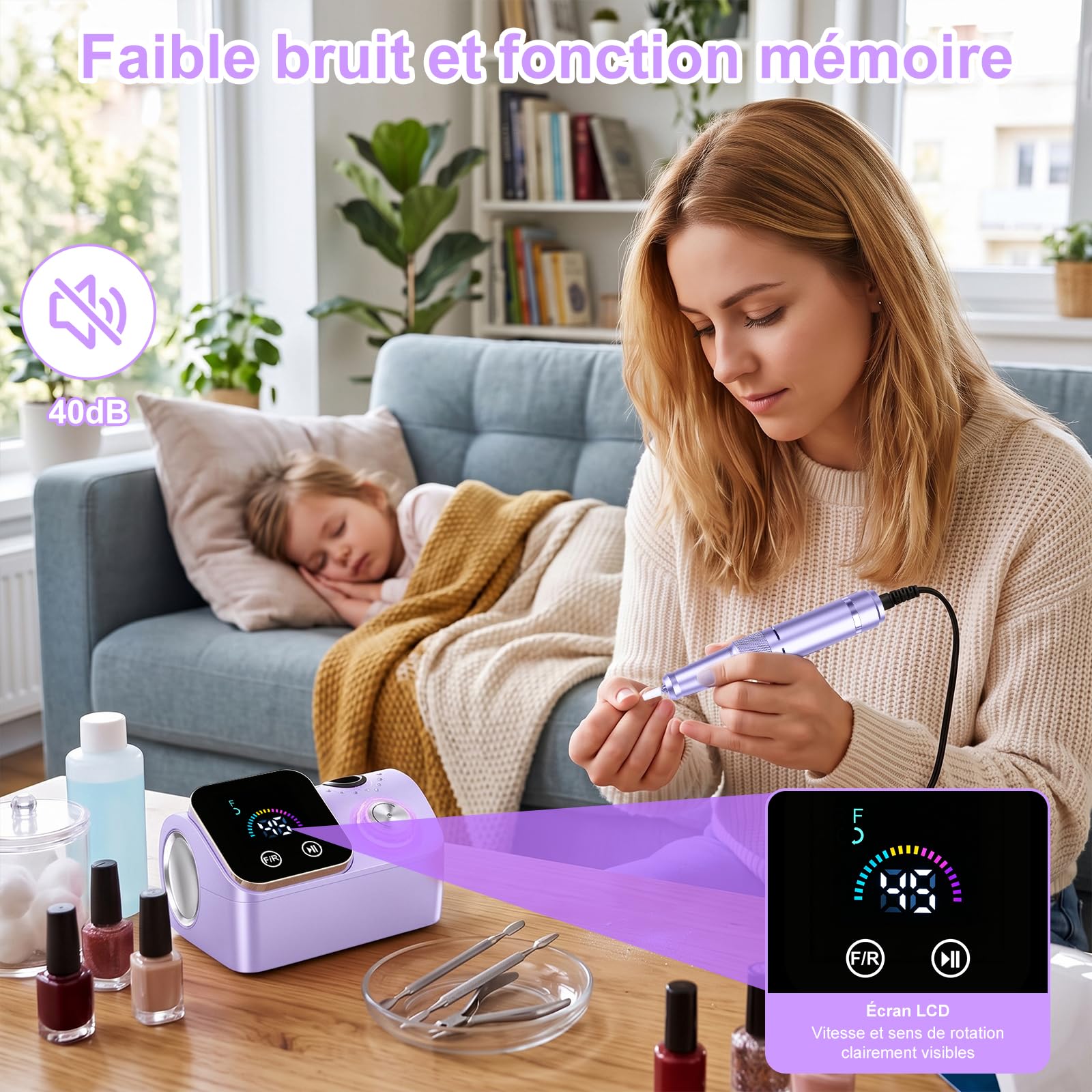 Ponceuse pour Ongles Professionnelle 45000 RPM,12 en 1 Lime a Ongle Electrique Portable,Ponceuse Ongles avec Écran LCD & Support,Lime à Ongle Electrique Silencieux,Conçu pour Les Salon,Violet