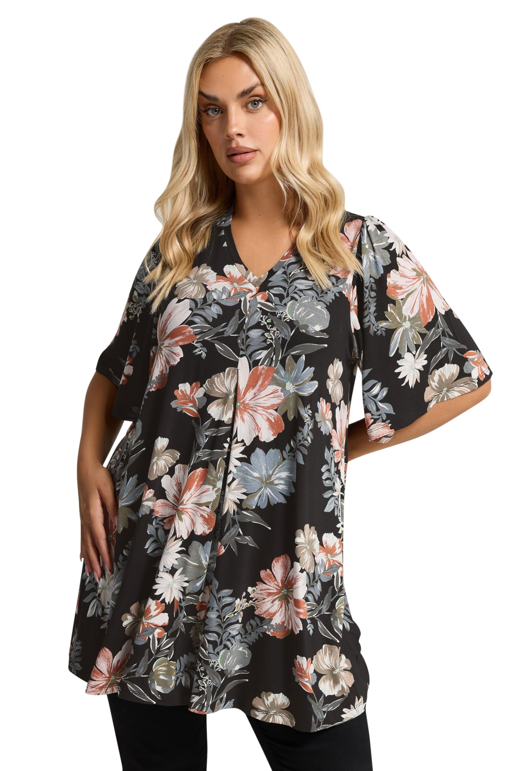 Yours Women's Black Floral Print Pleat Front Top In | Size: 20