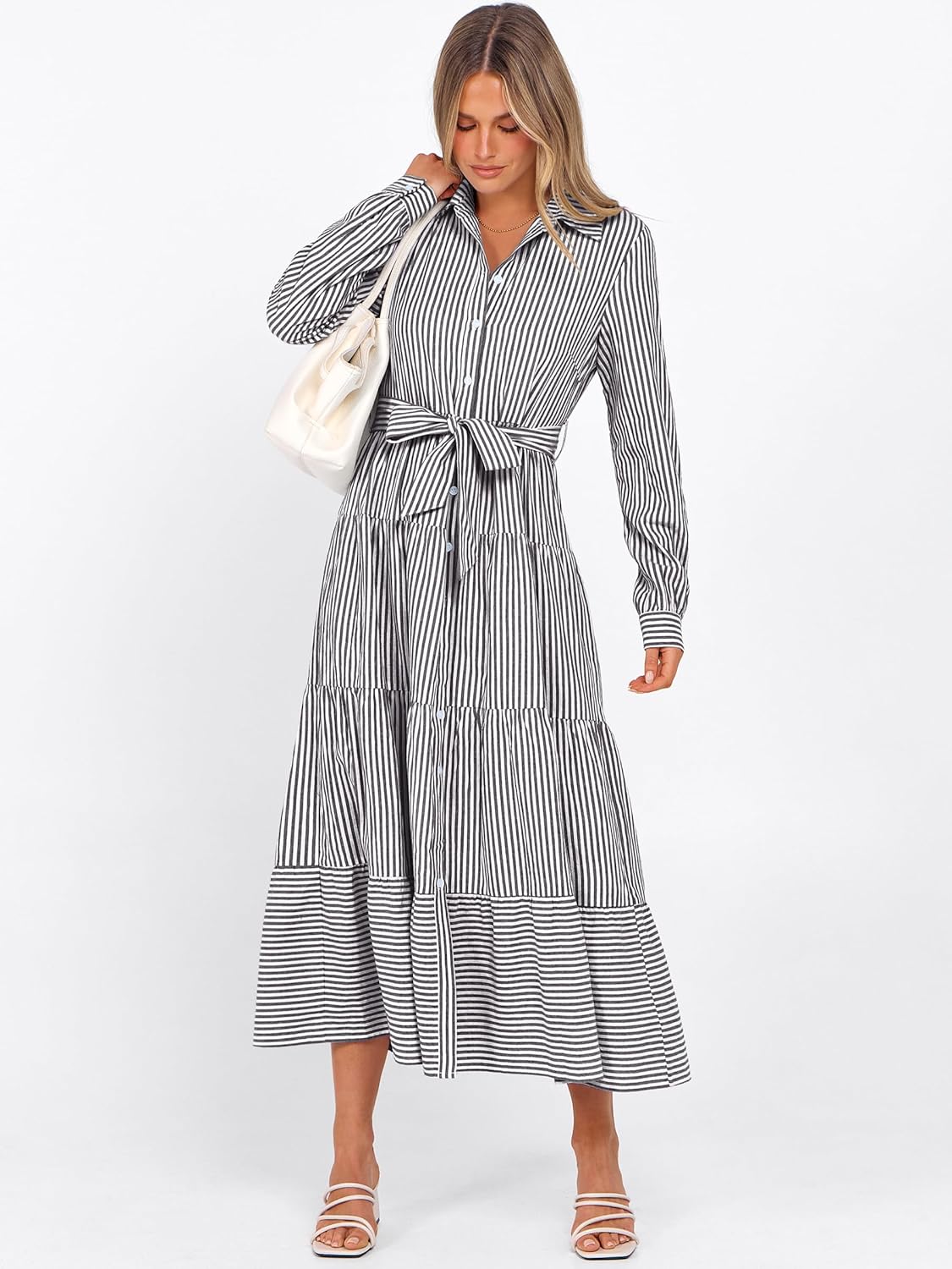 Caracilia Women Long Sleeve Maxi Dress 2026 Spring Casual Button Down Striped Plaid Tie Waist Shirt Dresses Vacation Outfits - Image 3