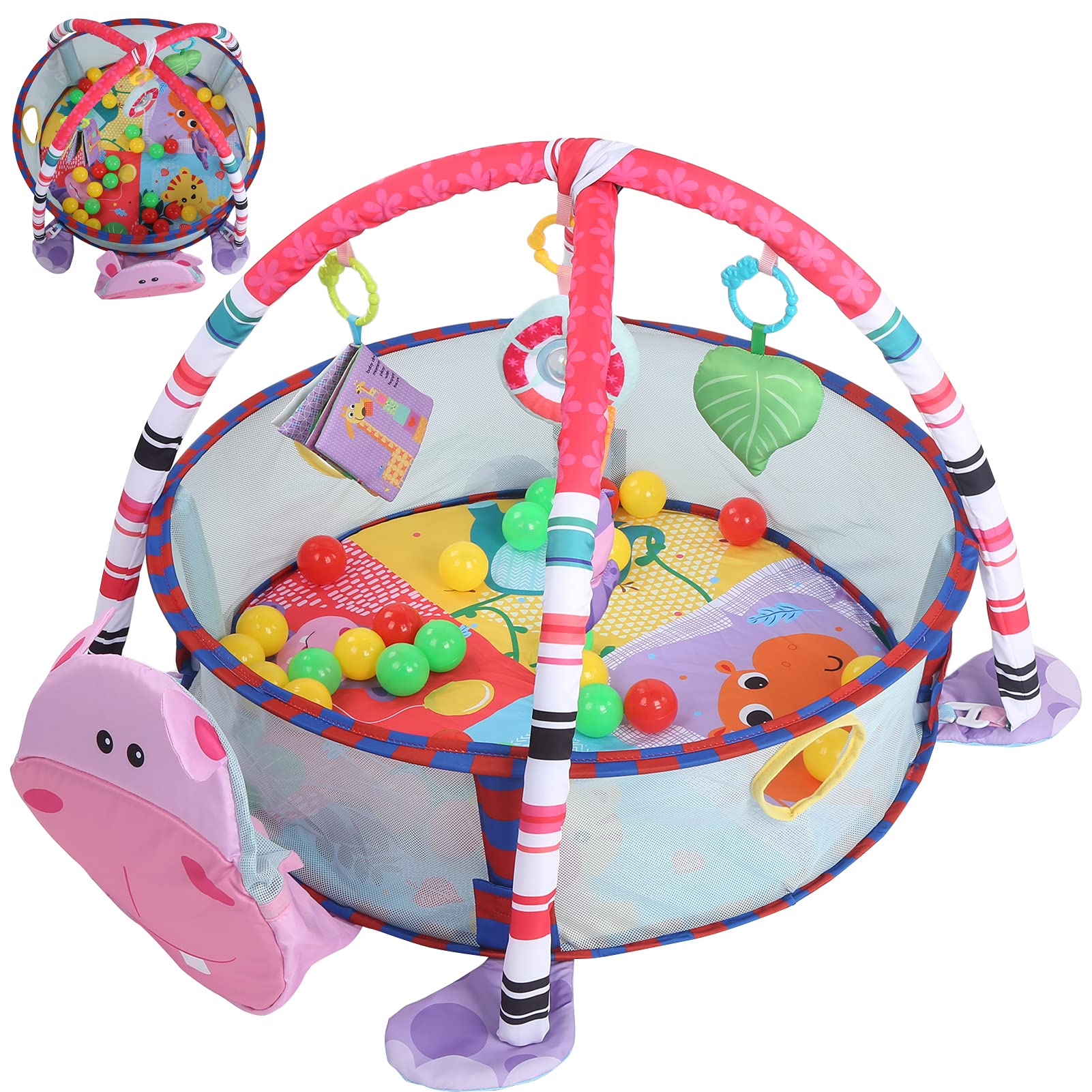 Hidyliu Tappetino da Gioco per Bambini da Palestra con Palline Colorate e Giocattoli Pendenti per Gattonatori Neonati 37,4 X 27,6 X 19,7 Pollici Panno Sicuro (Ippopotamo Rosa)
