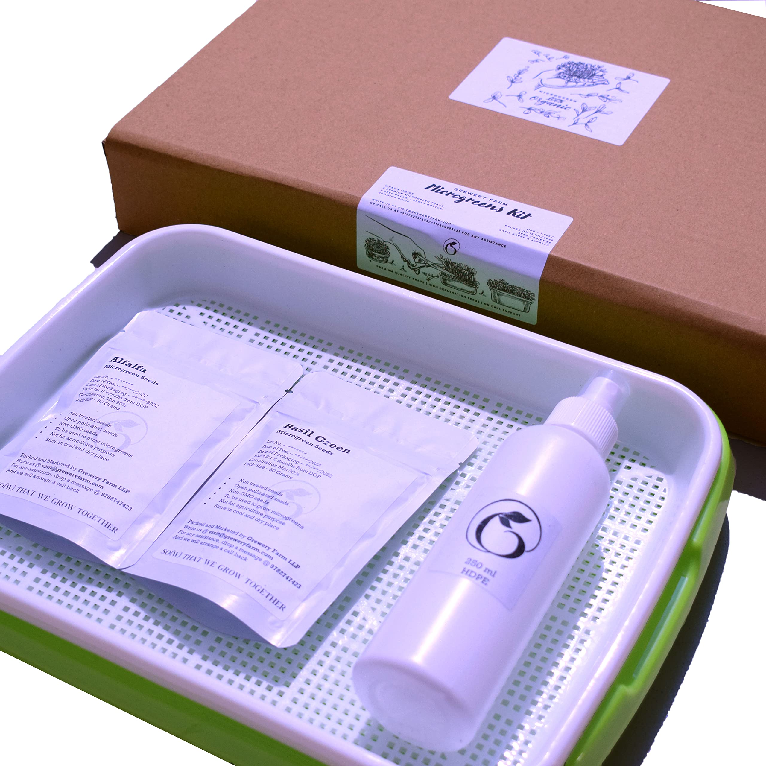 Grewery Farm Premium Microgreens Kit | 2x Microgreen Tray Sets | 100 gm Seeds (2 Varieties) | 1x 250 mm Industrial Grade Spray Bottle | Grow Guide | (Radish China Rose + Amaranthus Red)