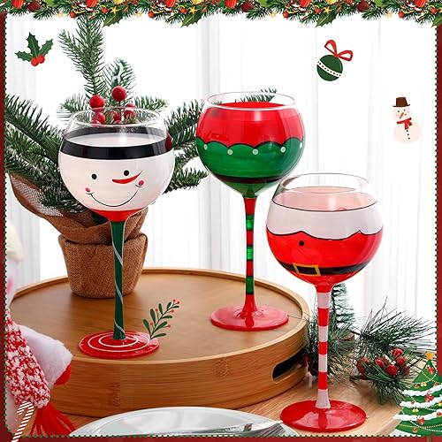 Miniatura 3 de FoldTier Juego de 3 copas de vino de Navidad de 15.5 onzas, con cinturón de Papá Noel, muñeco de nieve, elfo, copas de vino con tallo para cenas,