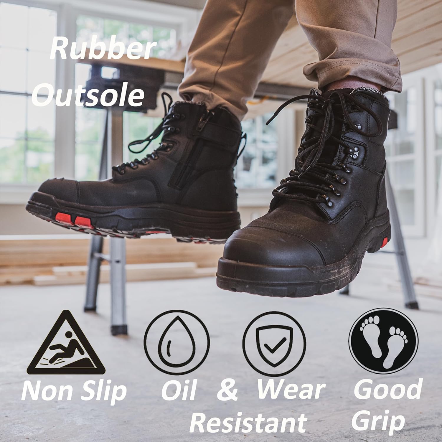 Roslyn Composite Toe Side Zip Work Boots for Men, 7'' Lightweight Comp Toe Cap YKK Zipper Non-slip Rubber ASTM F2413-18 EH Safety Boot, Comfortable Wide Ankle Support Boots (CP232Z-245Z) - Image 7