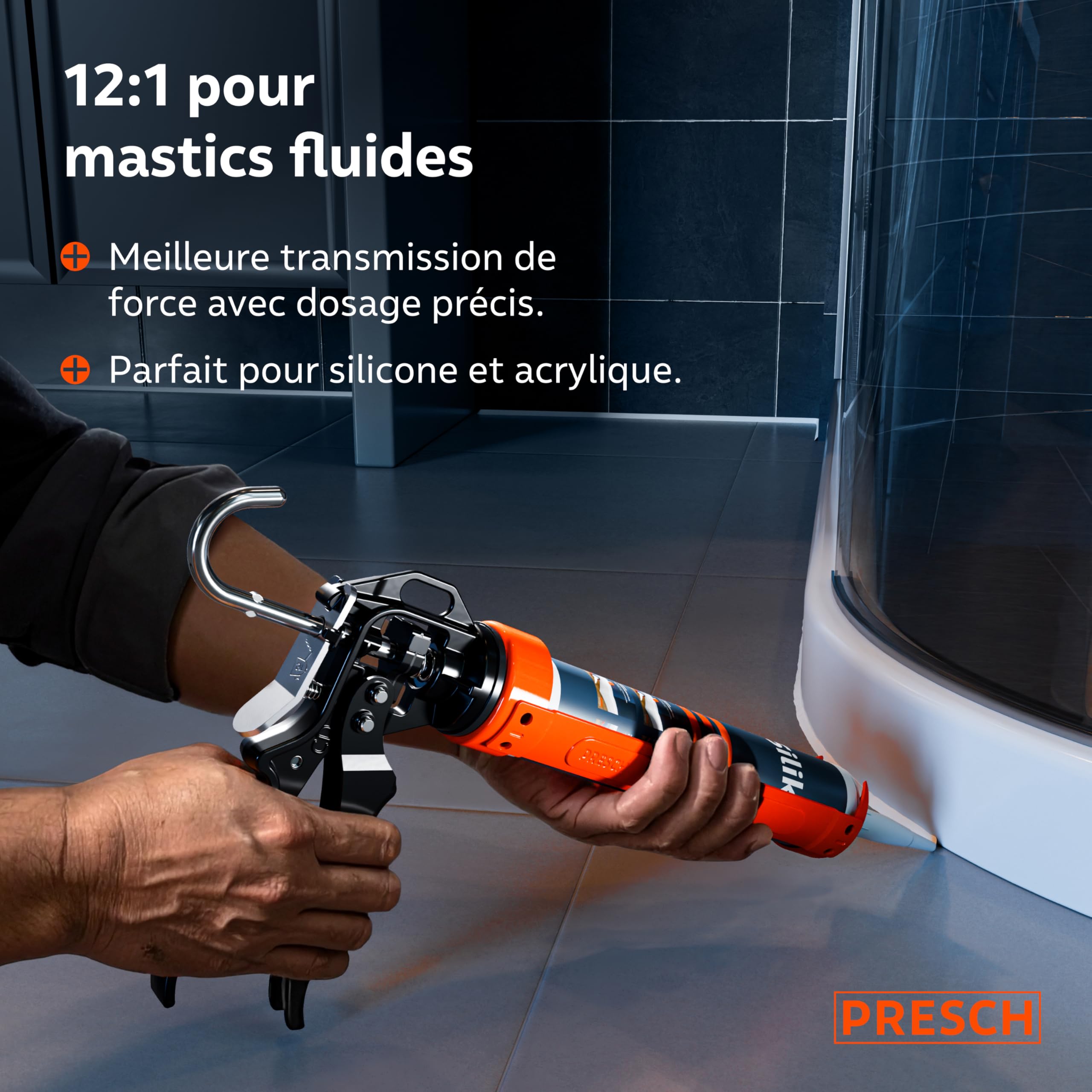 Presch Pistolet silicone 12:1 rapport de poussée anti-goutte – Pistolet à cartouche 310ml pivotement 360° aiguille de perçage