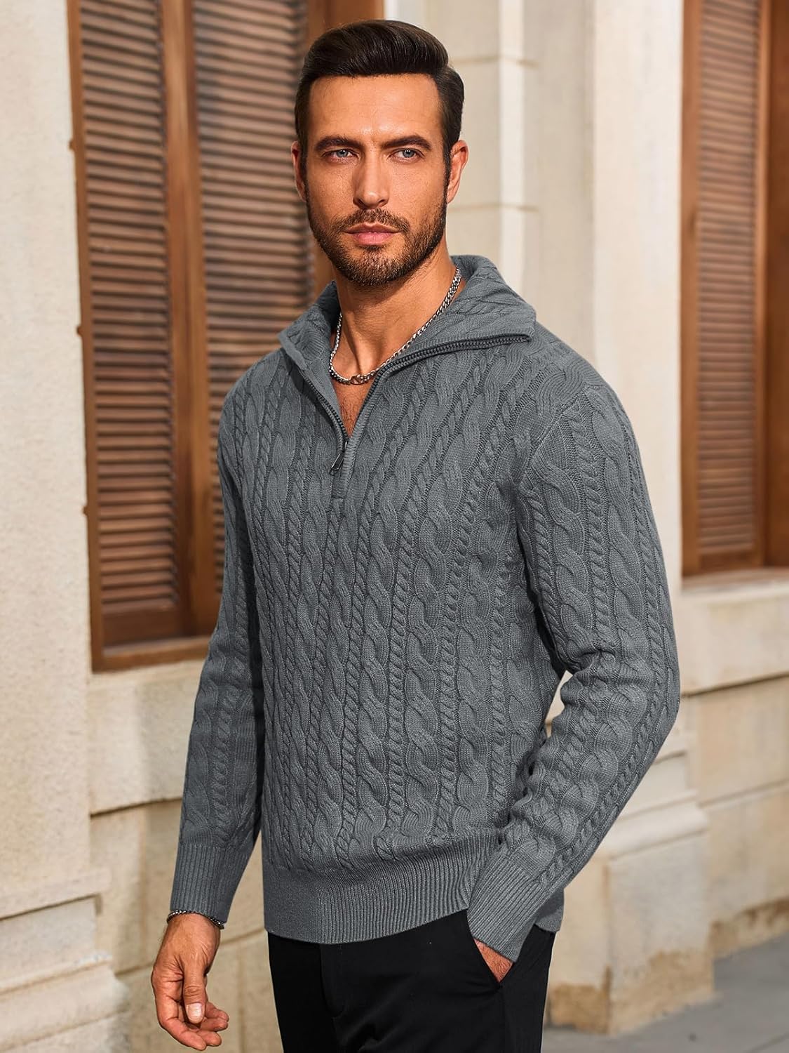 Yousify Mens Quarter-Zip Pullover Sweater Casual Mock Neck Cable Knitted Winter Warm Chunky Polo Sweaters - Image 3