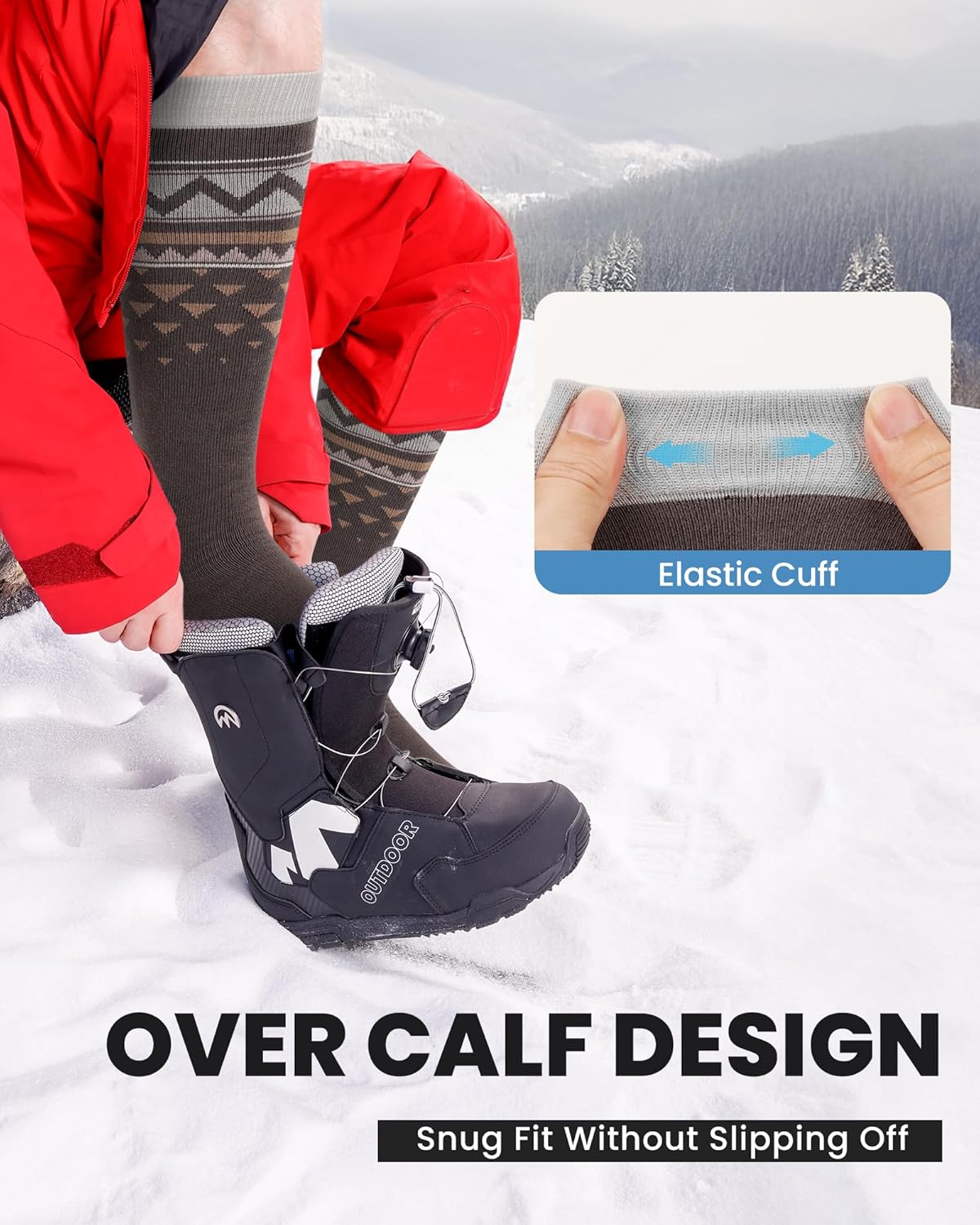 OutdoorMaster Update Ski Socks, 2 Pack Snowboarding Socks for Men & Women, Thermal Winter Warm & Breathable, Over The Calf - Image 6