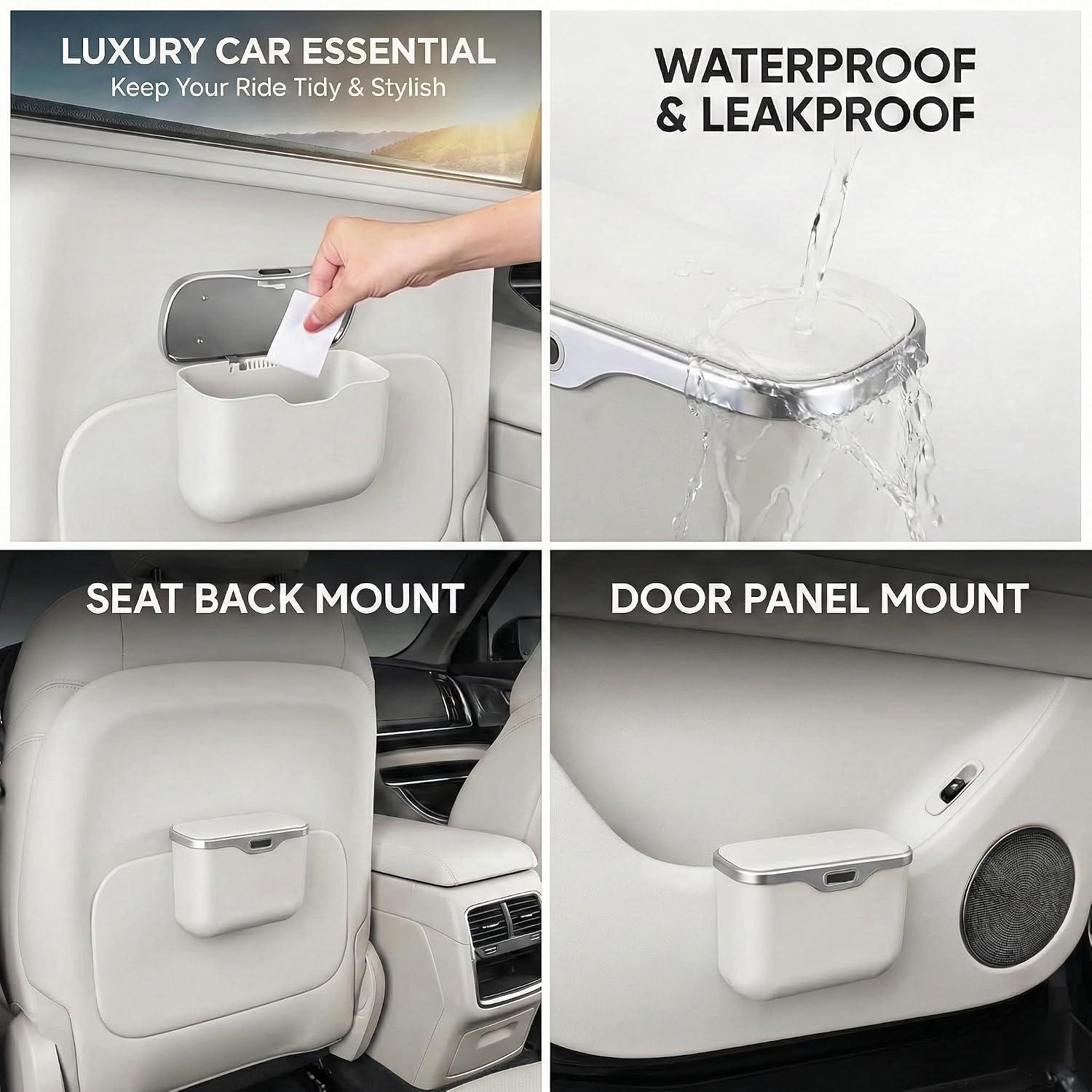 Hanging Car Trash Can, Leakproof Garbage Bin with Lid, White image 4