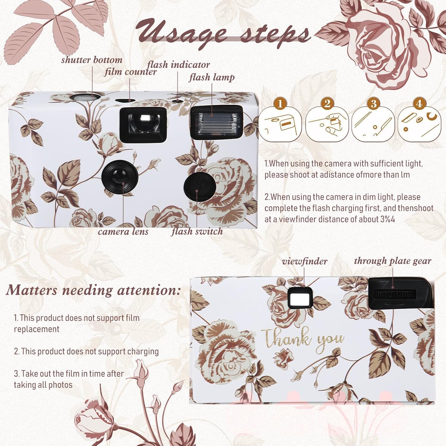 Kanayu 10 Pack Bulk Disposable Camera for Wedding, 35mm Single Use it with Flash Disposable Cameras One Time Photo Tool for Wedding Anniversary Travel Camp Party Supplies (Gold Rose)