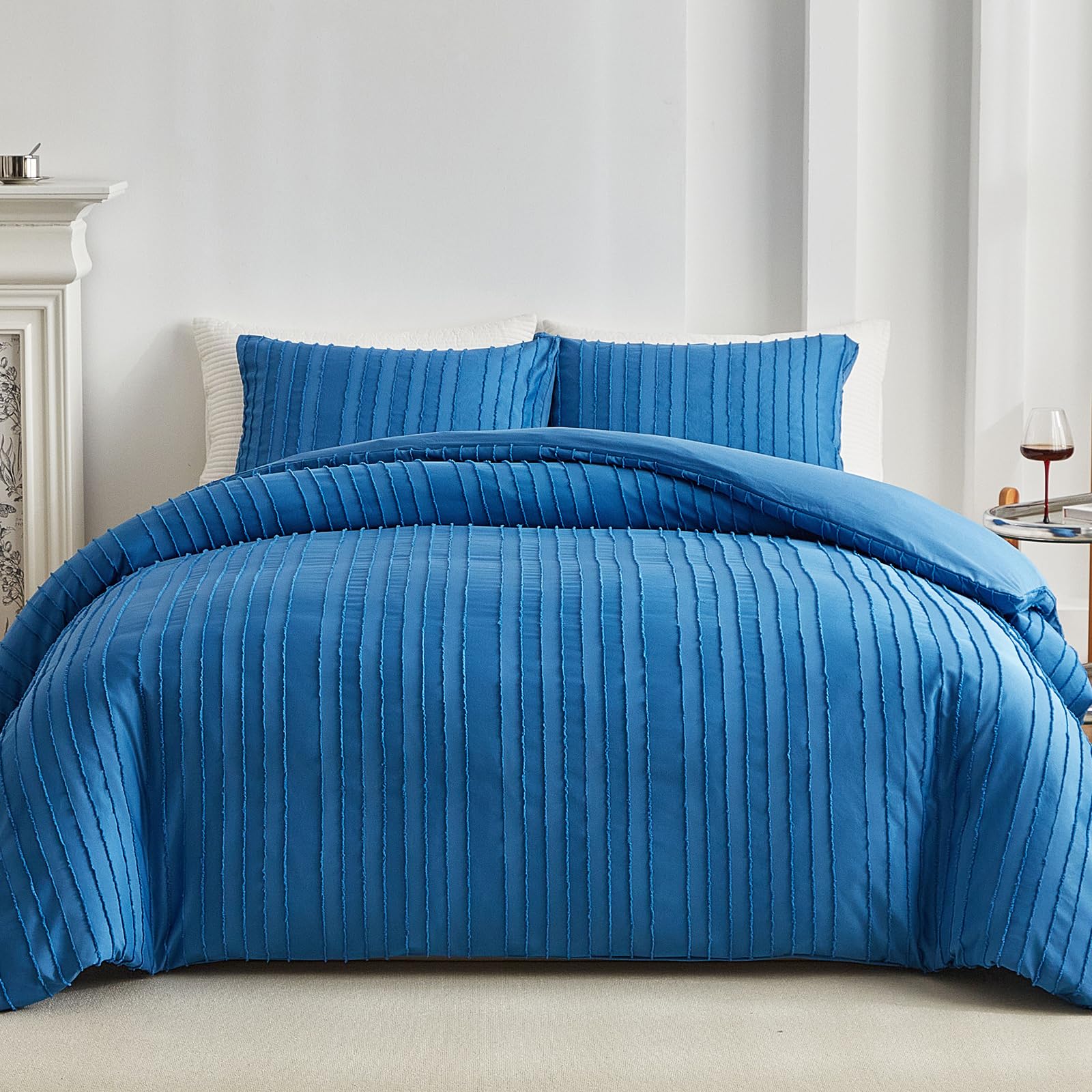 WARMDERN Teal Blue Boho Duvet Cover King Size, Striped Textured Duvet Cover Set Tufted Bedding Set, 3 Pcs Ultra Soft Washed Microfiber Duvet Cover with Zipper Closure (King, Teal Blue)