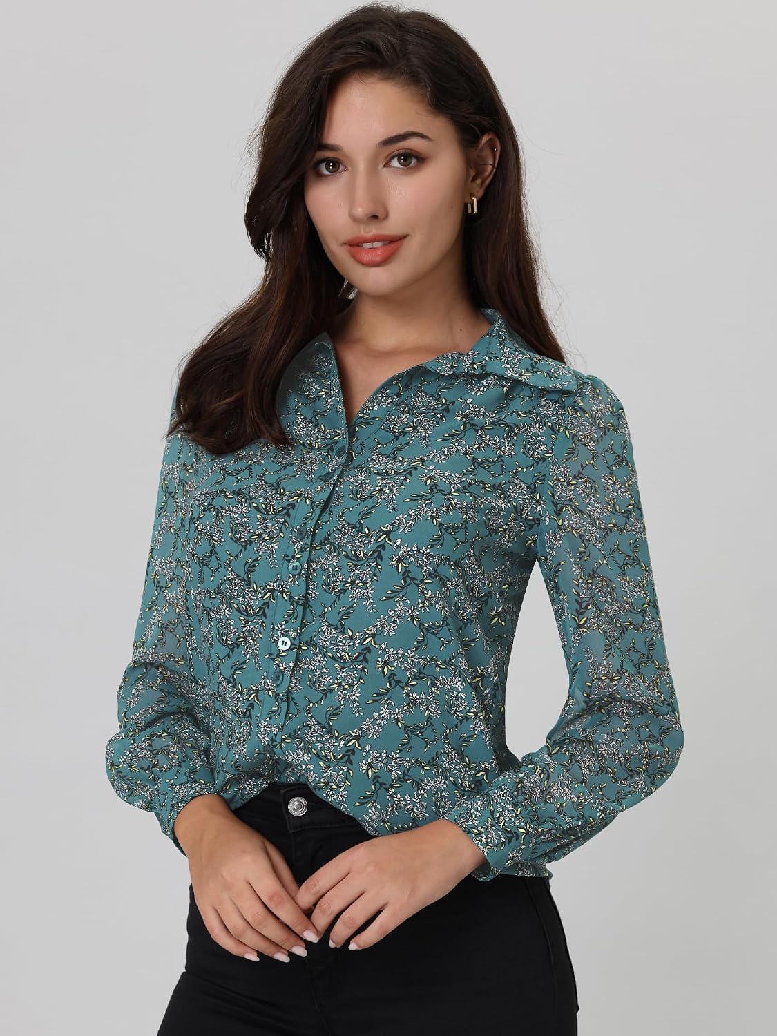 Hobemty Women's Floral Shirt Long Sleeve Button Down Blouse