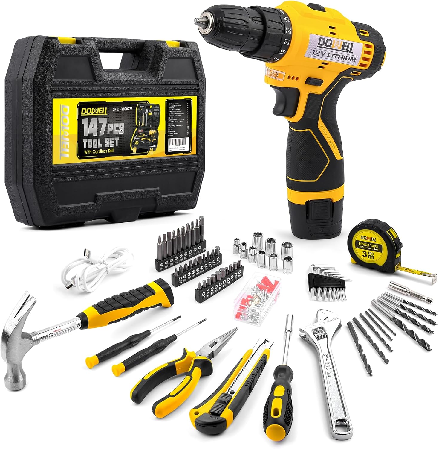 DOWELL 147 Pcs Tool Kit with 12V Cordless Drill with 3/8" Keyless Chuck for Home, Men, Built-in LED, Type-C Charge Cable