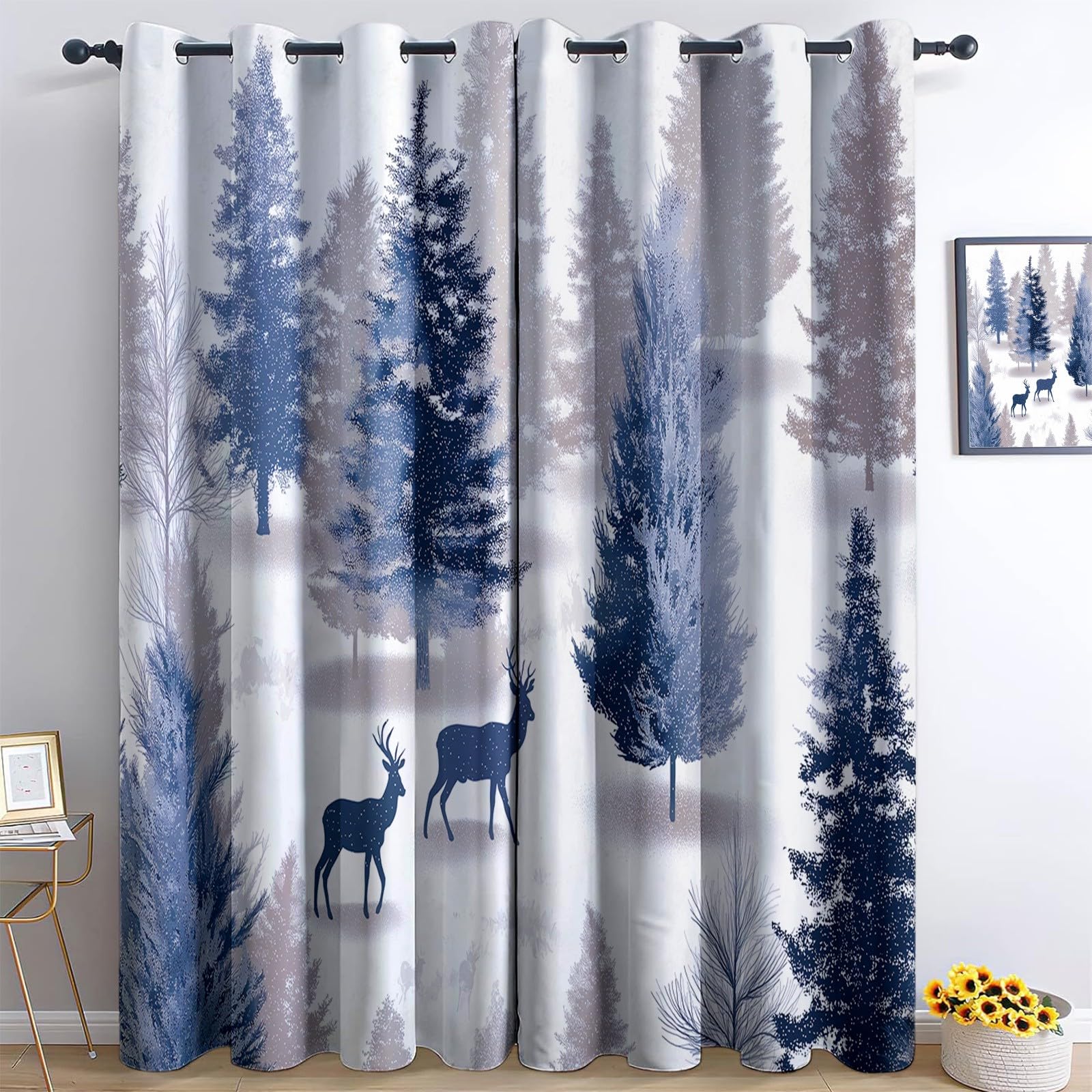 White Blackout Curtains Watercolour Snowy Forest Scene Pine Trees Deer 36” W x 84” L x 2 Panels 3D Eyelet Thermal Insulated Curtains, for Kids Teens Boys Girls Bedroom Playroom