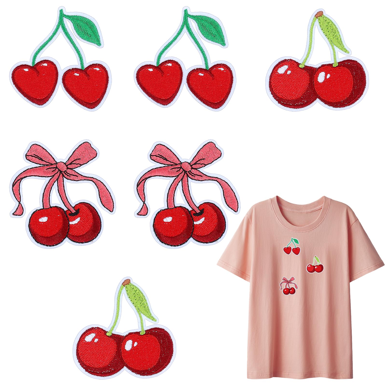 6 Stück Bügelpatches Mit Kirschen-Motiv – Rot/grün, Ca. 6,5 Cm – Zum Aufnähen Oder Aufbügeln Auf Kleidung