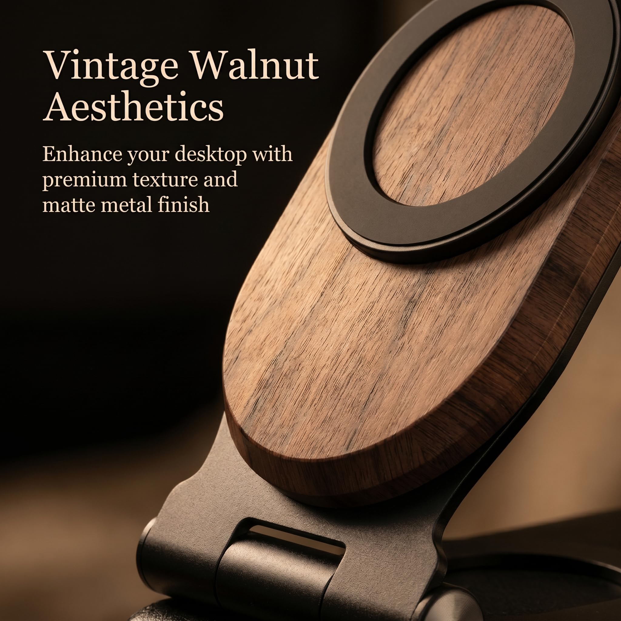 Soporte magnético de madera de nogal, base de carga rápida plegable de 15 W con ángulo ajustable de 0 a 85°, compatible con MagSafe para iPhone 17/16/15/14/13/12, decoración de escritorio y