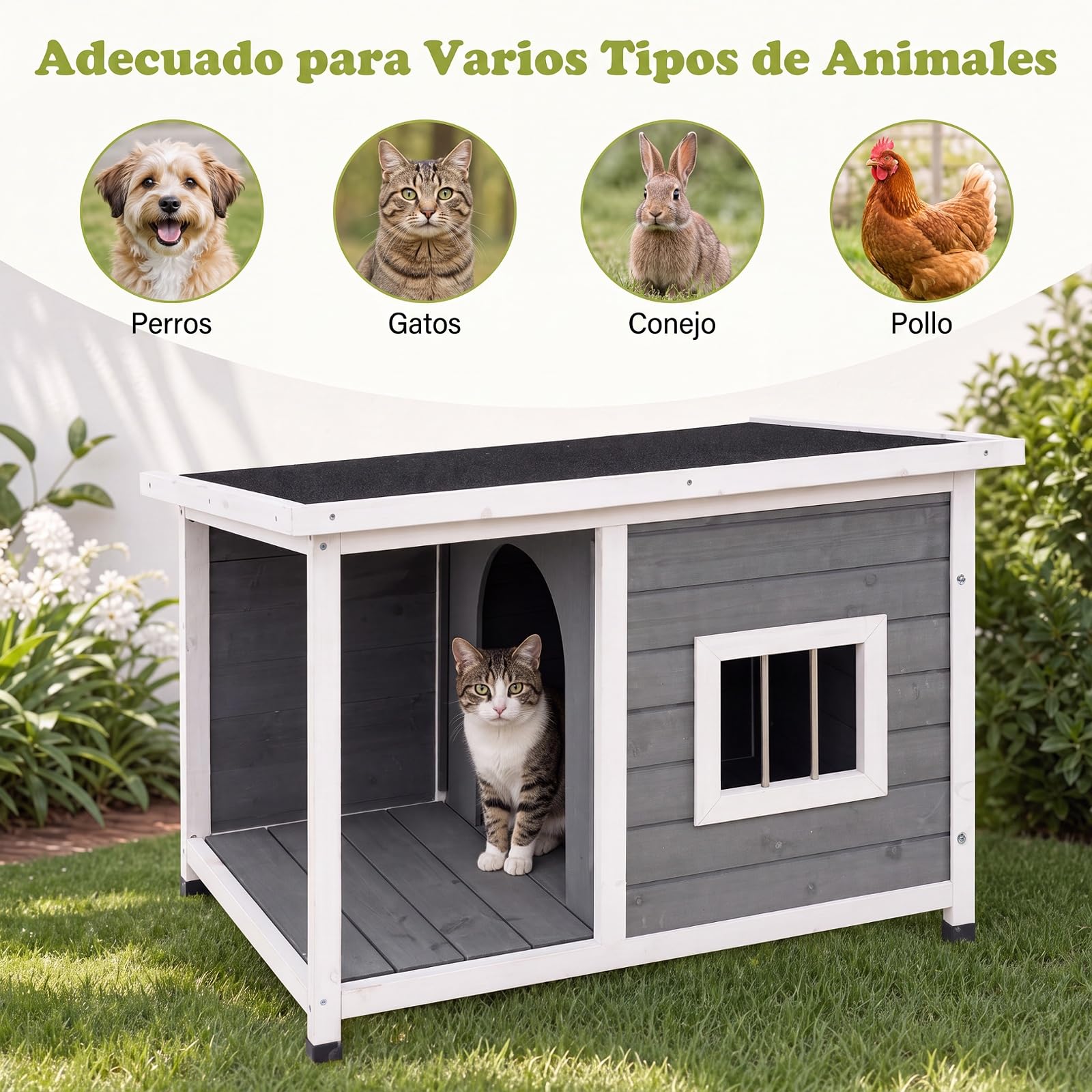 COSTWAY Casa para Mascotas Impermeable con Porche, 86 x 63 x 60 cm | Caseta para Perros con Techo de Asfalto Inclinado Abatible, Base Elevada y Ventana, Perrera Refugio para Interior Exterior