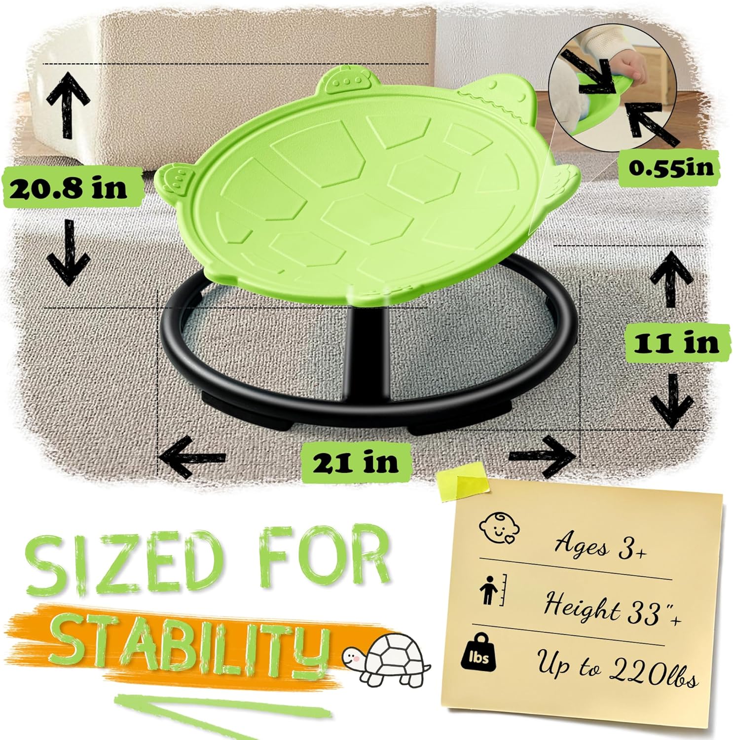 Turtle Spinning Chair for Autistic Kids – Sensory Spinning Toy, Spin Chair for Kids Autism, Sensory Swivel Seat for Balance, Coordination, Focus & ADHD Support, Autism Sensory Products (Green)