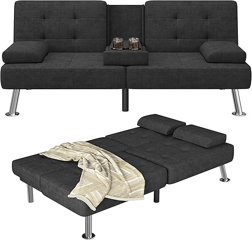 Miniatura 22 de Furmax Sofá cama futón ajustable, sofá cama para sala de estar, oficina de negocios, sofás reclinables con portavasos (piel sintética, negro) Negro
