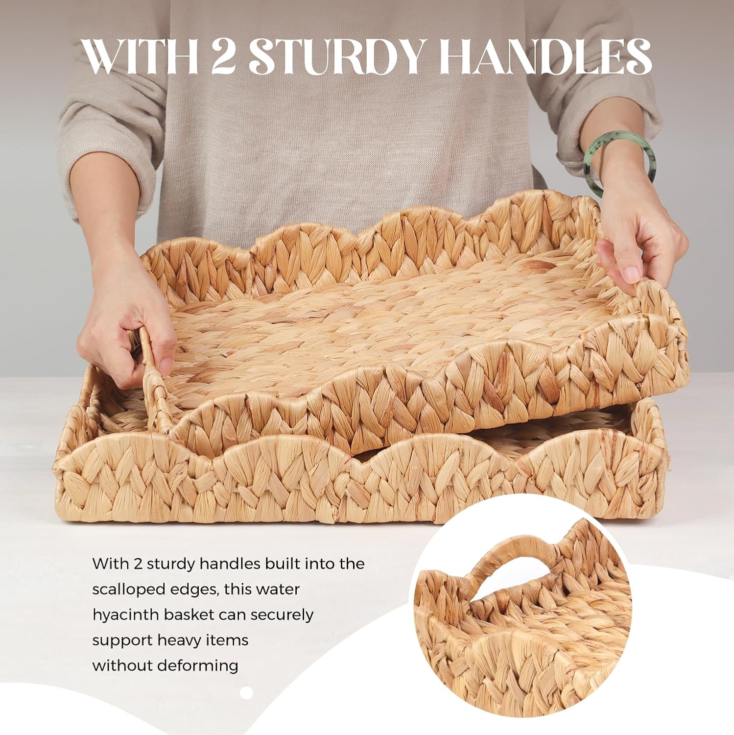 2Pcs - Scalloped Basket, Decorative Basket, Water Hyacinth Tray (17 x 13 x 3 inch - 2Pcs) with Scalloped Edge and Built-in Handles, Rectangle Serving/Woven/Basket/Seagrass Tray