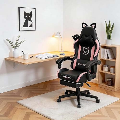 Dowinx Silla de Juego Linda con Orejas de Gato y Soporte Lumbar de Masaje, Silla de Computadora Ergonómica para Niña con Reposapiés y Reposacabezas,