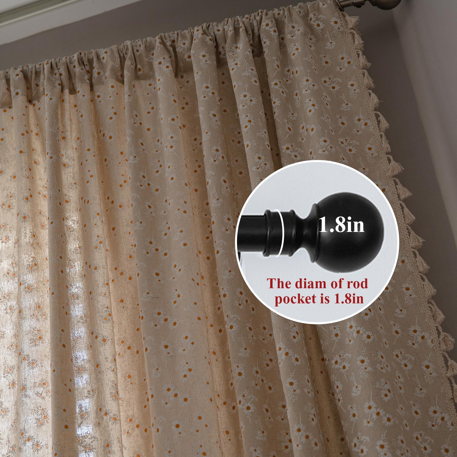 ENJOYBRIDAL Floral Curtains 96 Inch Length 2 Panels Tassel Drapes Rod Pocket Semi-Sheer Boho Daisy Bedroom Living Room Farmhouse Rustic Bohemian Window Curtain Panels - Image 3