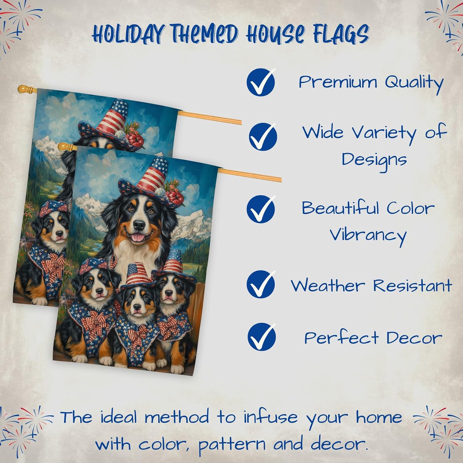 Bernese Mountain Dog 4th of July House Flag – Personalized Double Sided Patriotic Yard Decor with Cute Dogs Independence Day Outdoor Decoration for Lawn, Garden, Porch or Patio 28"W x 40"H
