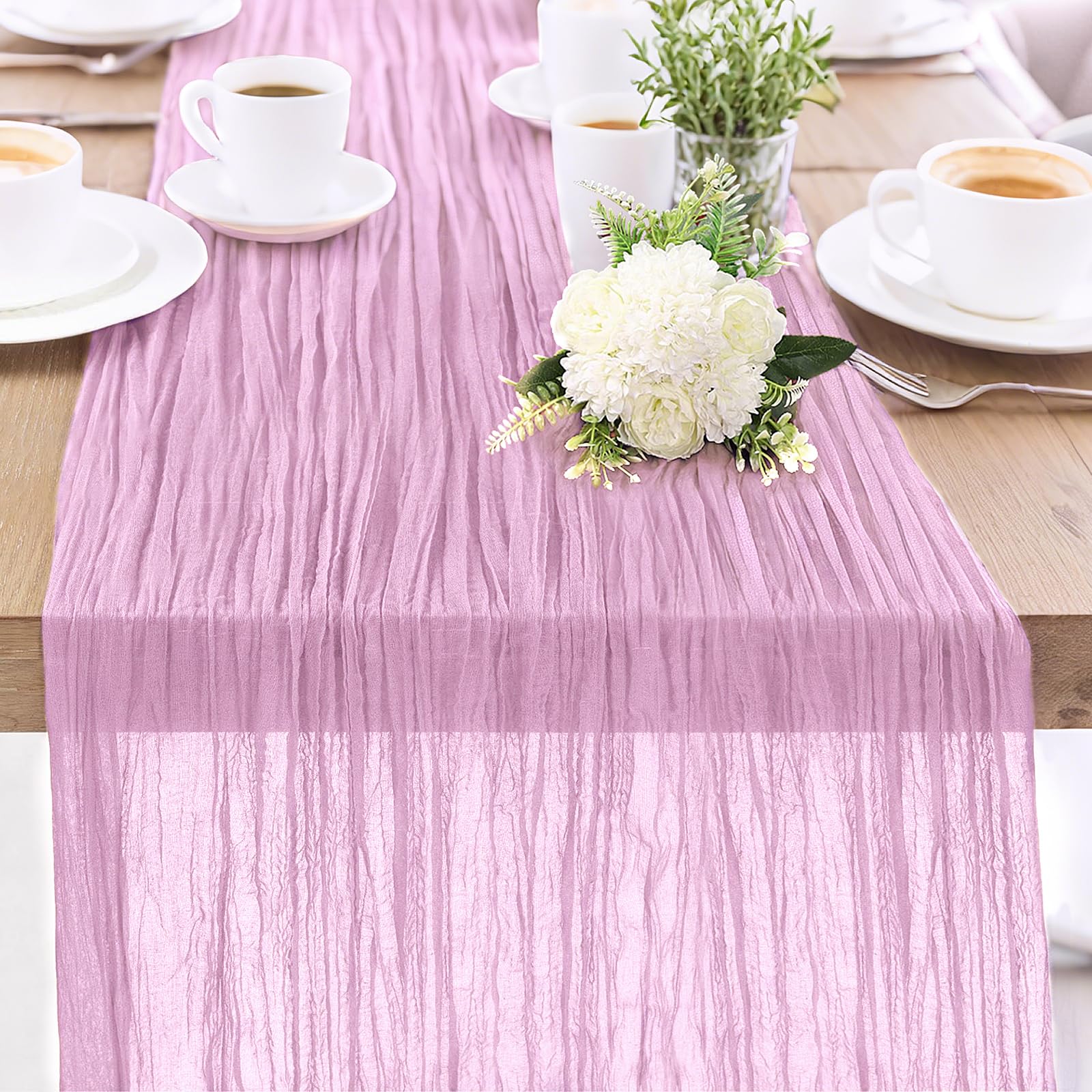 Photo 1 of 1-Pack Pink Cheesecloth Table Runners – 10FT (35x120 Inch) Boho Rustic Gauze Fabric Cheese Cloth Table Runner for Weddings, Baby Showers, Bridal Shower, Farmhouse & Birthday Party Decor