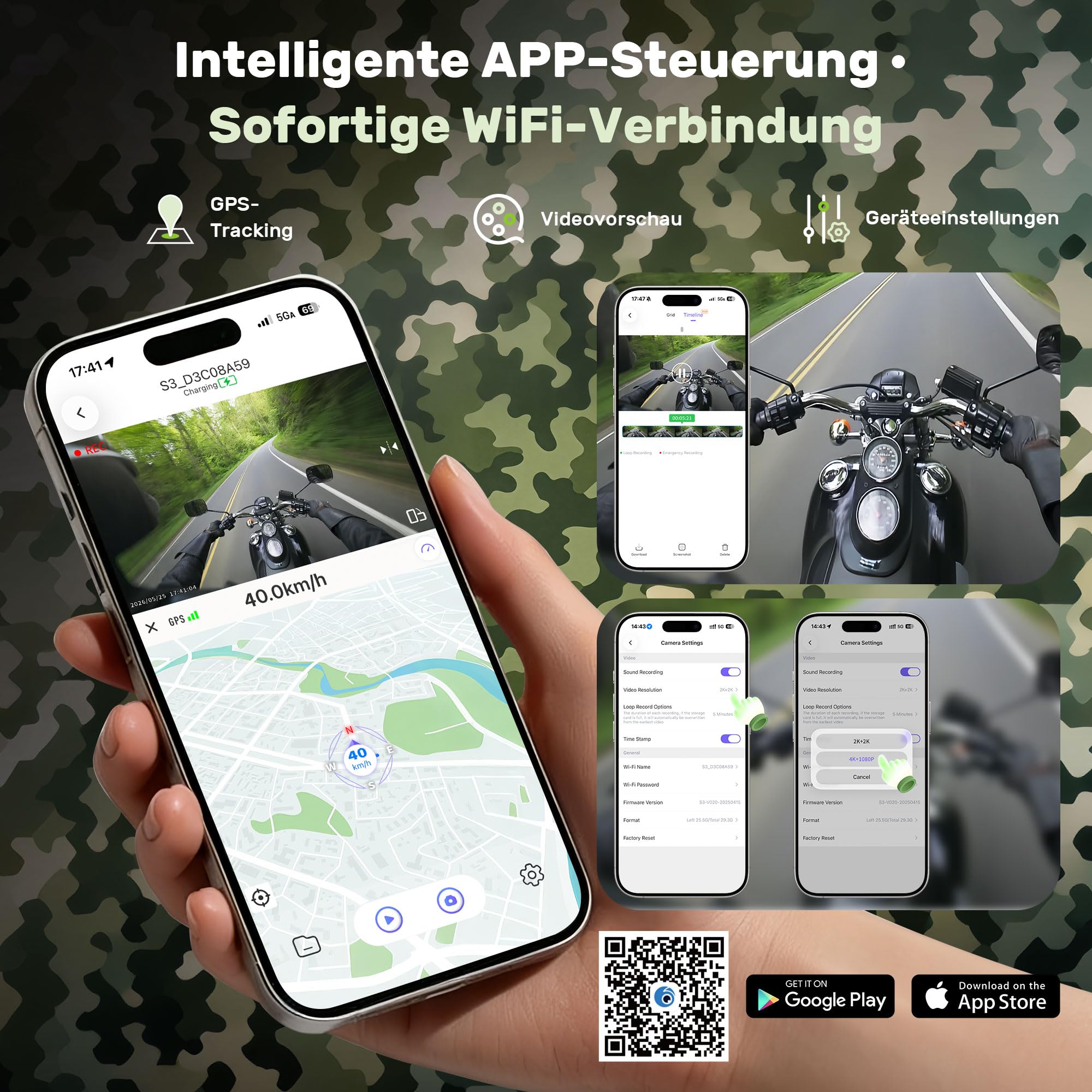 Action Cam 4K+1080P,Dashcam Motorrad,120° Weitwinkel Helmkamera Motorrad,Dashcam Auto vorne hinten mit GPS,Wasserdichter,6 Stunden großer Akku motorrad kamera für Motorräder,E-Bikes&Outdoor