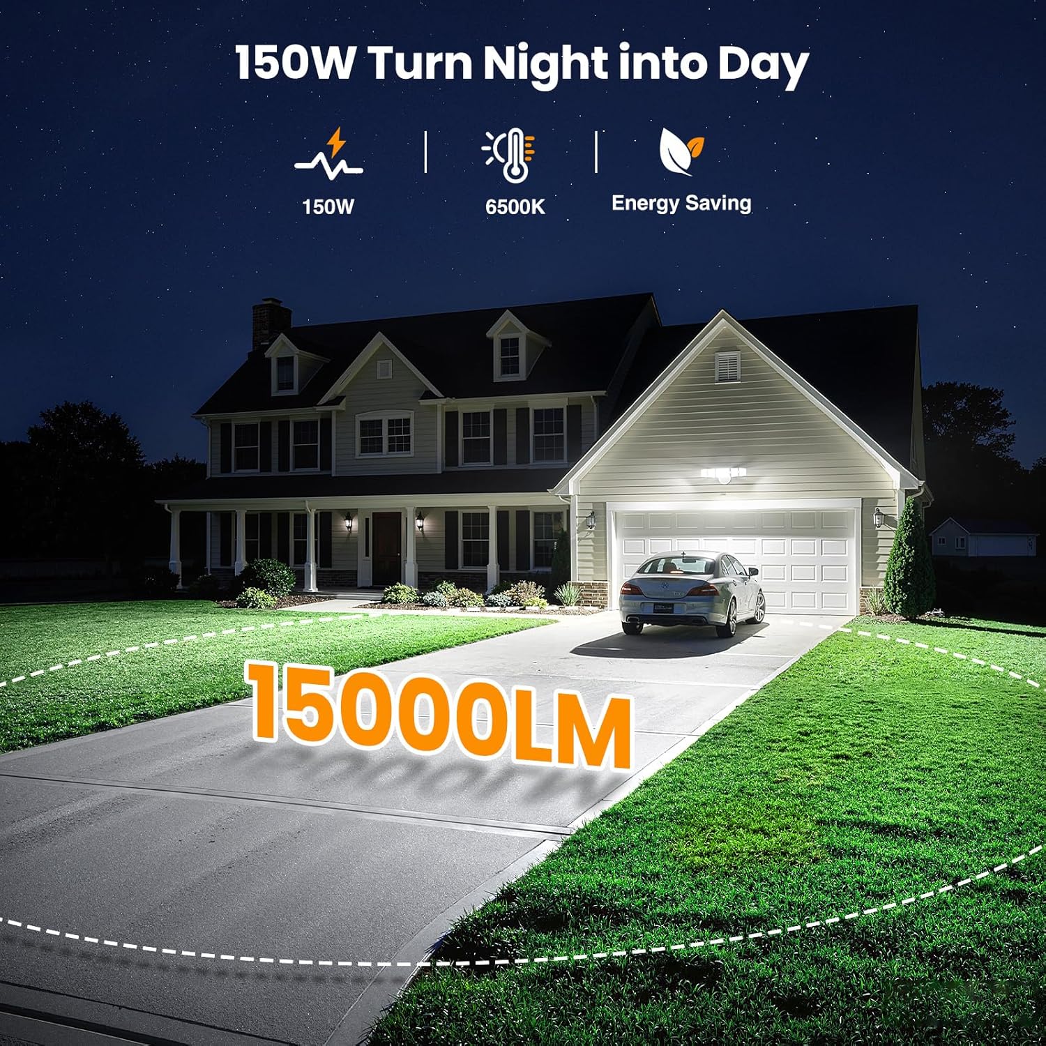 Onforu 150W LED Flood Lights Outdoor, 15000LM Brightness Security Light Switch Controlled, 6500K Outside Floodlight with 5 Adjustable Heads, Waterproof Exterior Light for Yard Garage Patio