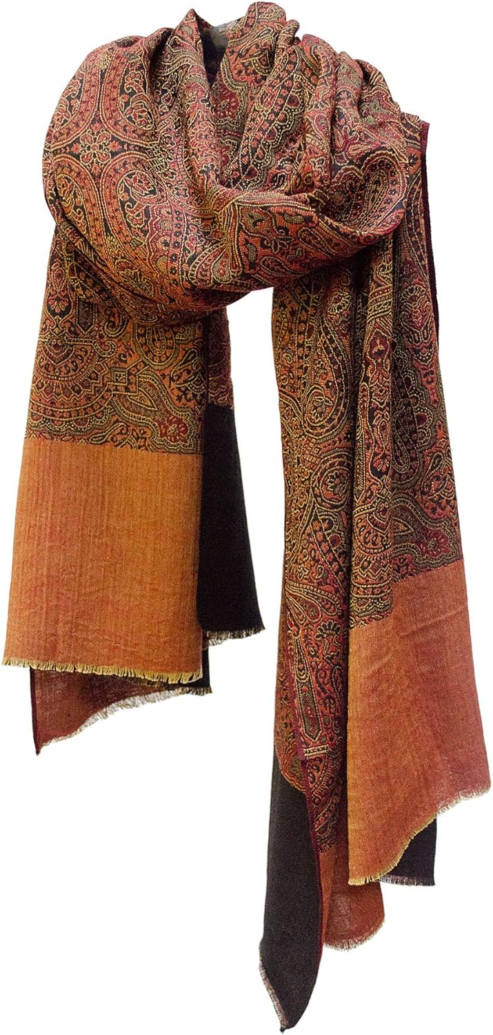 Oversized Paisley Border Wool Blend Shawl Wrap Stole Scarf Throw Red Black Gold