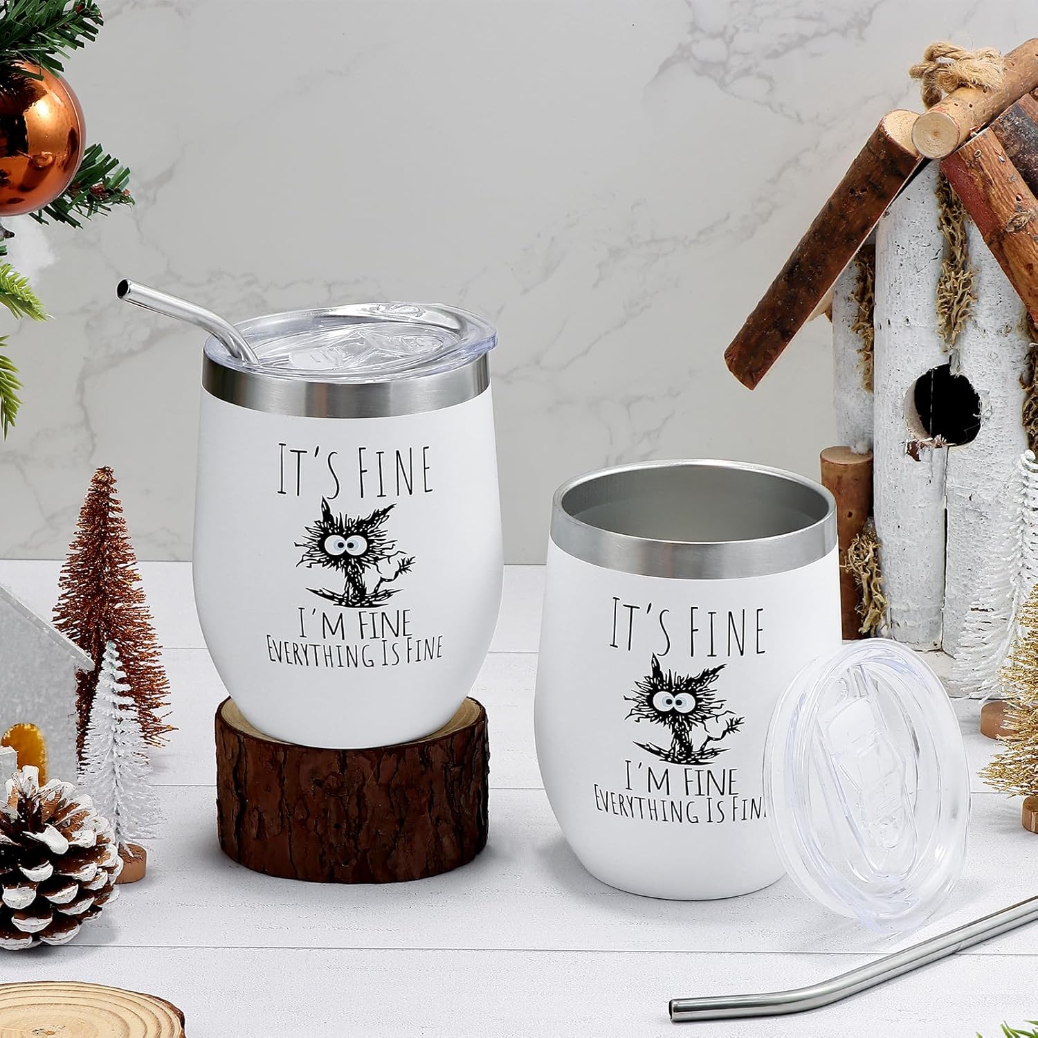 2 Sets 12Oz Black Cat Funny Tumbler It's Fine I'm Everything is Fine Appreciation Stainless Steel Insulated Mug with Lid and Straw Cup Christmas Gifts for Coworker Women Cat Lovers - Image 5