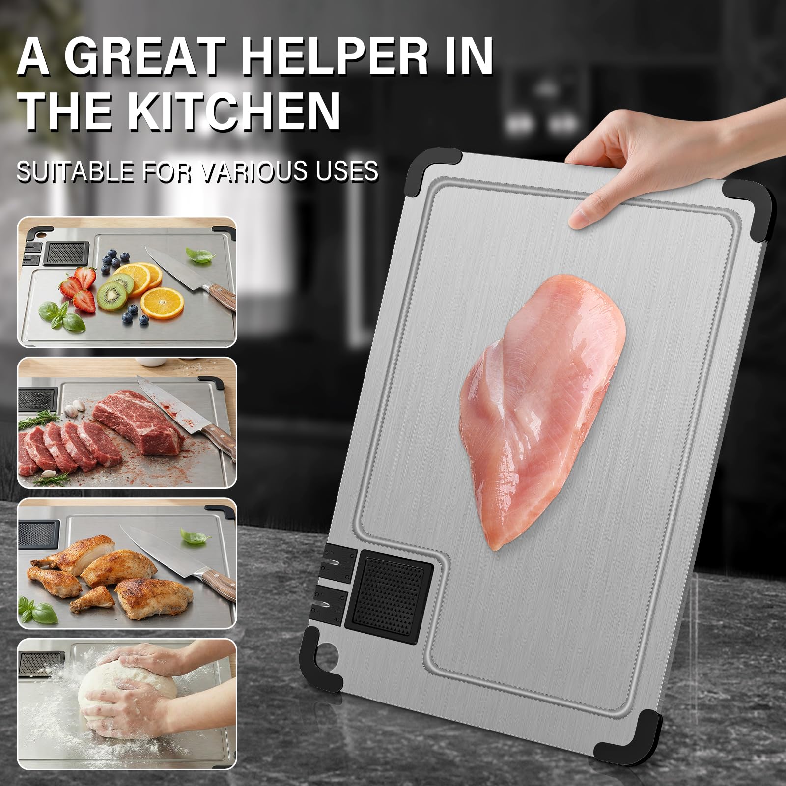 Tagliere in acciaio inox 316, Multifunzione Tagliere Cucina Tagliere in Acciaio Inossidabile Alimentare con affilacoltelli integrato, scanalatura e angoli in silicone antiscivolo