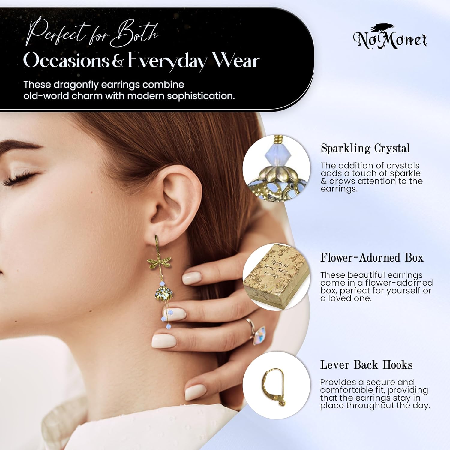 NoMonet 手描きフラワーフェアリーイヤリング - トンボのレスピートイヤリング - ゴールド、コーンフラワーブルー、アイスブル