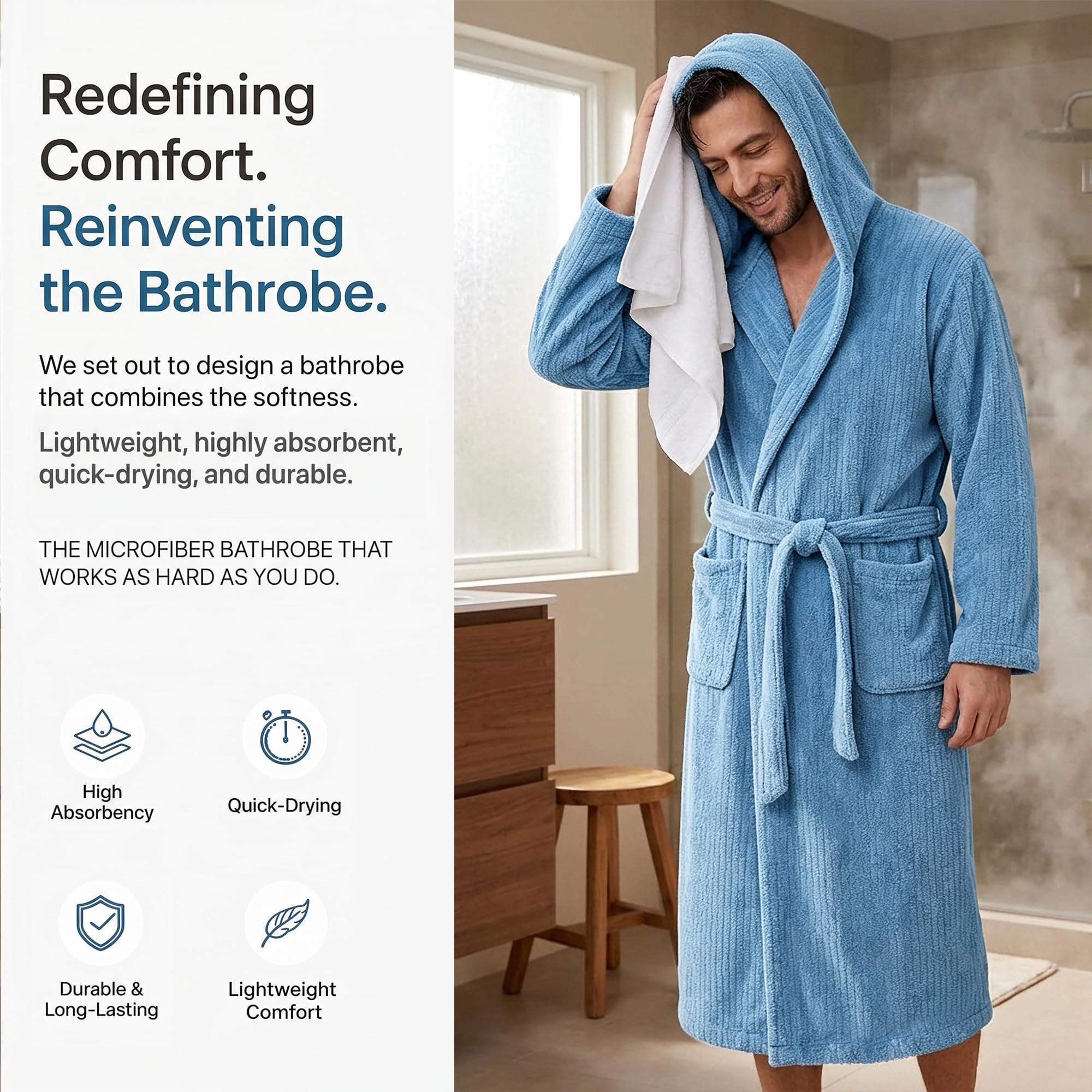 PJGGZ Bata de baño para hombre con capucha, suave y larga, súper absorbente, de secado rápido pero cálida