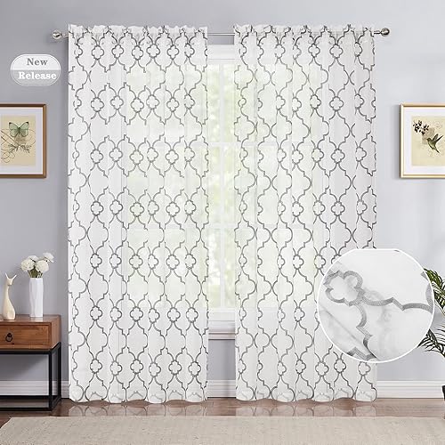 Miniatura 2 de Cortinas traslúcidas con bordado blanco y gris para dormitorio, sala de estar, 63 pulgadas, cortinas bordadas marroquíes con bolsillo para barra,